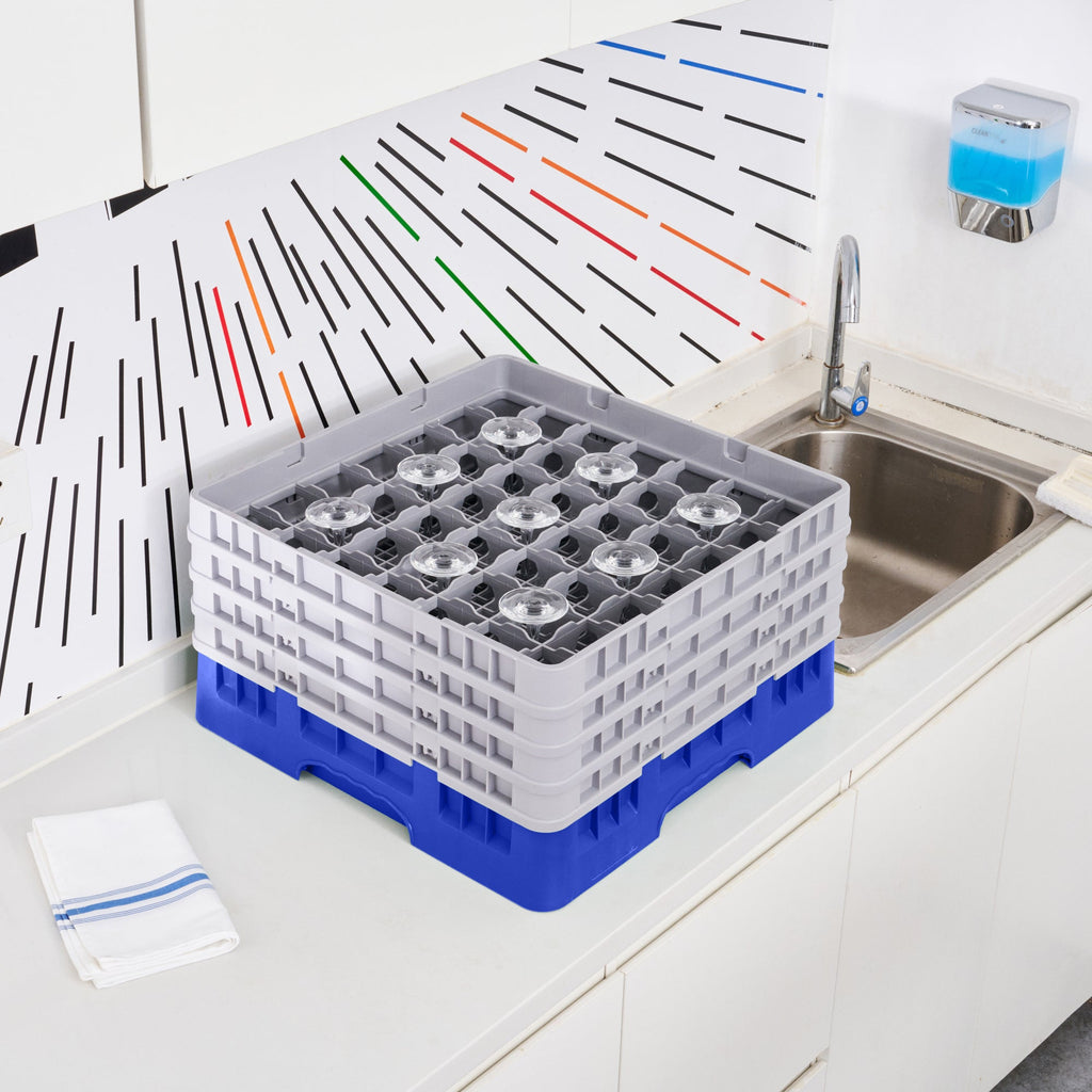 Clean Tek Professional Blue Glass Rack - 49 Compartments, 1 Full Drop and 3 Half Drop Extenders - 19 3/4" x 19 3/4" x 10 1/2" - 1 count box