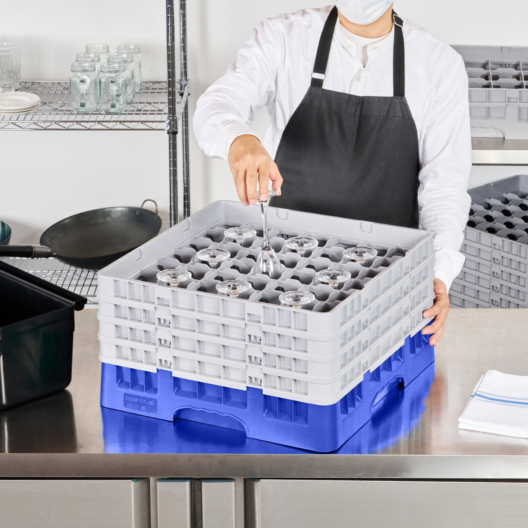 Clean Tek Professional Blue Glass Rack - 49 Compartments, 1 Full Drop and 3 Half Drop Extenders - 19 3/4" x 19 3/4" x 10 1/2" - 1 count box