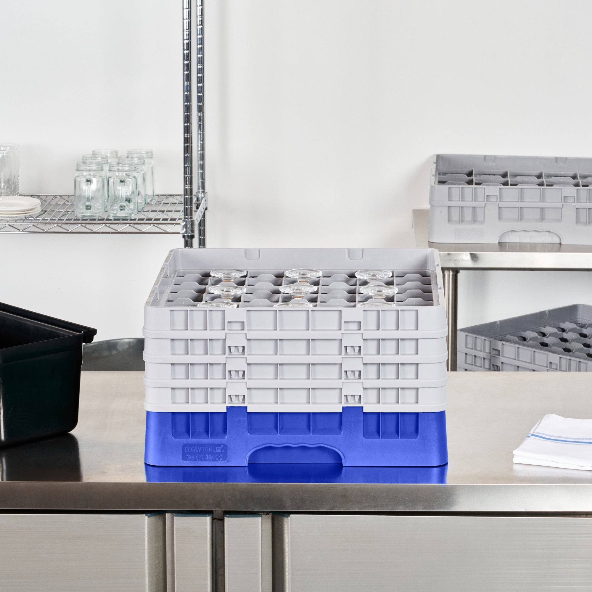 Clean Tek Professional Blue Glass Rack - 49 Compartments, 1 Full Drop and 3 Half Drop Extenders - 19 3/4" x 19 3/4" x 10 1/2" - 1 count box