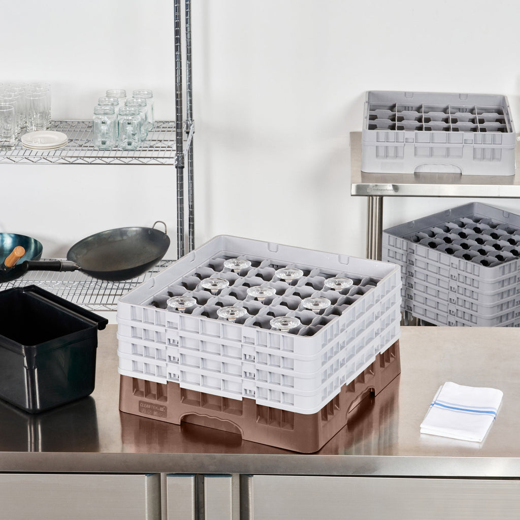 Clean Tek Professional Brown Glass Rack - 49 Compartments, 1 Full Drop and 3 Half Drop Extenders - 19 3/4" x 19 3/4" x 10 1/2" - 1 count box