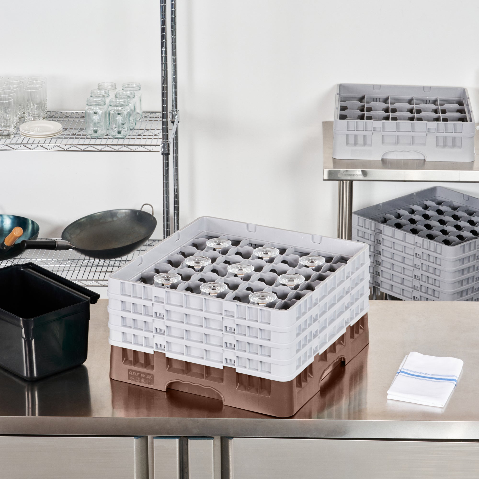 Clean Tek Professional Brown Glass Rack - 49 Compartments, 1 Full Drop and 3 Half Drop Extenders - 19 3/4" x 19 3/4" x 10 1/2" - 1 count box