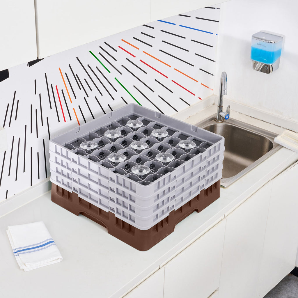 Clean Tek Professional Brown Glass Rack - 49 Compartments, 1 Full Drop and 3 Half Drop Extenders - 19 3/4" x 19 3/4" x 10 1/2" - 1 count box