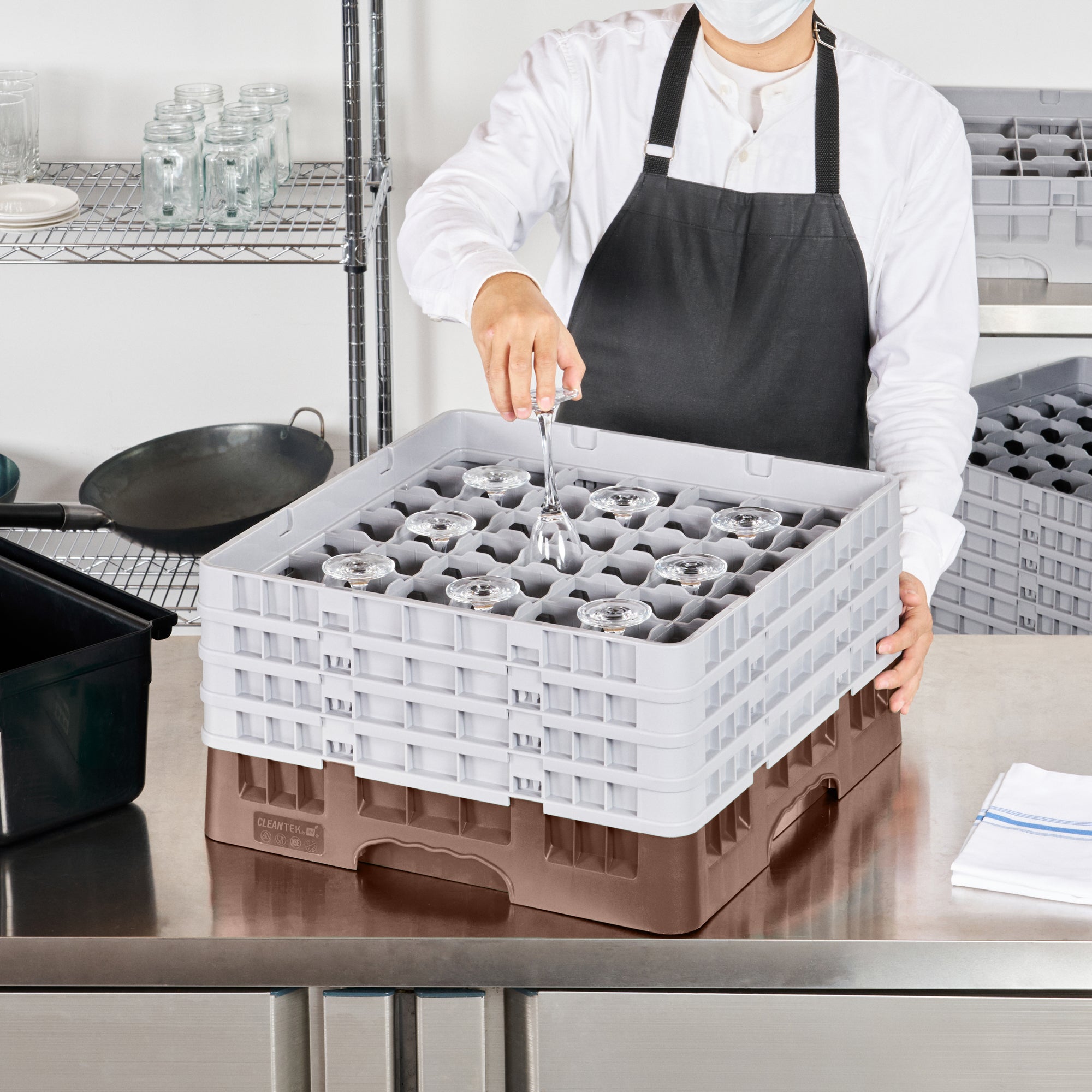 Clean Tek Professional Brown Glass Rack - 49 Compartments, 1 Full Drop and 3 Half Drop Extenders - 19 3/4" x 19 3/4" x 10 1/2" - 1 count box
