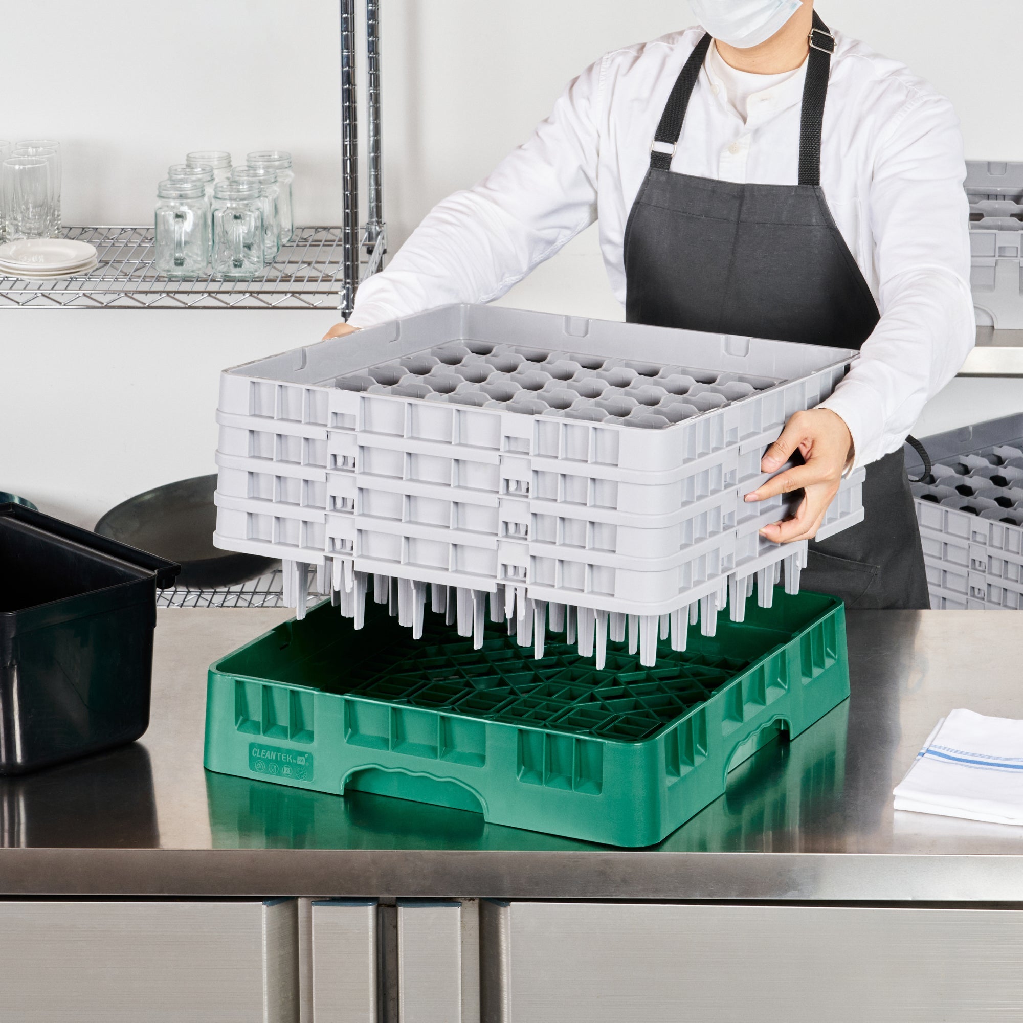 Clean Tek Professional Green Glass Rack - 49 Compartments, 1 Full Drop and 3 Half Drop Extenders - 19 3/4" x 19 3/4" x 10 1/2" - 1 count box
