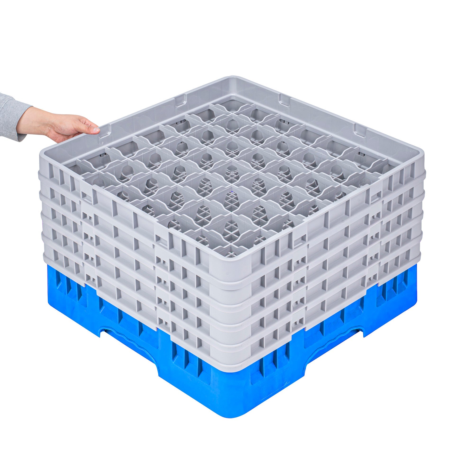 Clean Tek Professional Blue Glass Rack - 49 Compartments, 1 Full Drop and 4 Half Drop Extenders - 19 3/4" x 19 3/4" x 12 1/4" - 1 count box