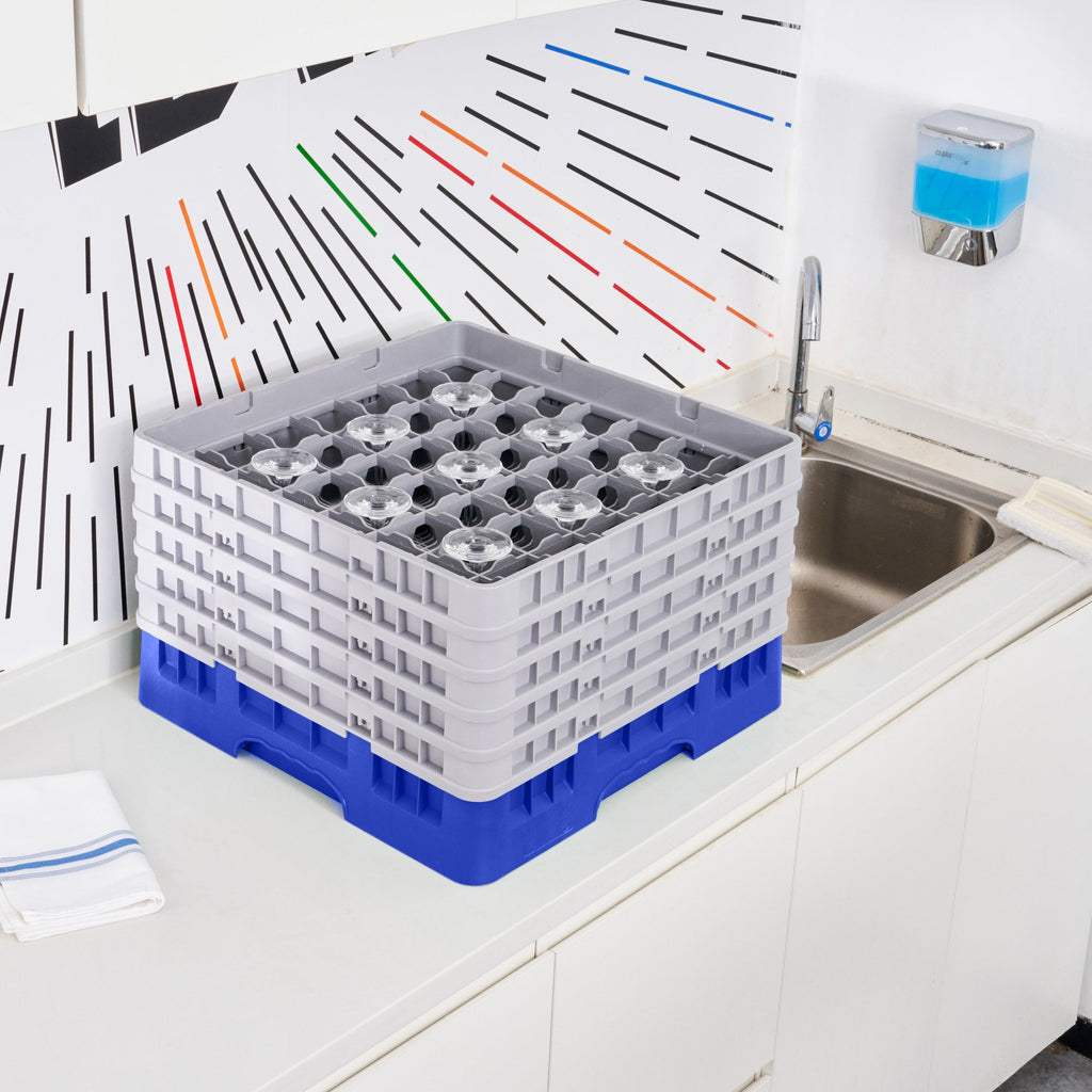 Clean Tek Professional Blue Glass Rack - 49 Compartments, 1 Full Drop and 4 Half Drop Extenders - 19 3/4" x 19 3/4" x 12 1/4" - 1 count box