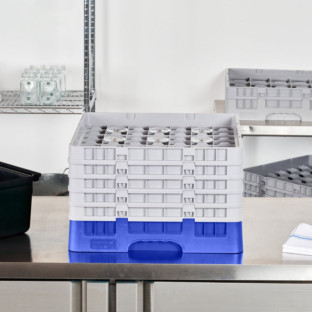 Clean Tek Professional Blue Glass Rack - 49 Compartments, 1 Full Drop and 4 Half Drop Extenders - 19 3/4" x 19 3/4" x 12 1/4" - 1 count box