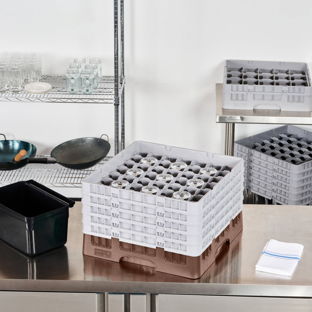 Clean Tek Professional Brown Glass Rack - 49 Compartments, 1 Full Drop and 4 Half Drop Extenders - 19 3/4" x 19 3/4" x 12 1/4" - 1 count box