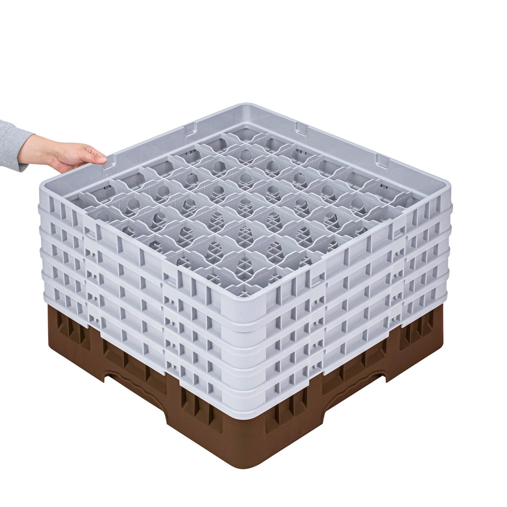 Clean Tek Professional Brown Glass Rack - 49 Compartments, 1 Full Drop and 4 Half Drop Extenders - 19 3/4" x 19 3/4" x 12 1/4" - 1 count box