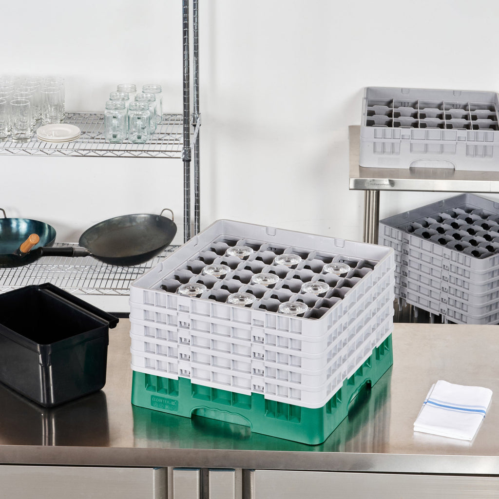 Clean Tek Professional Green Glass Rack - 49 Compartments, 1 Full Drop and 4 Half Drop Extenders - 19 3/4" x 19 3/4" x 12 1/4" - 1 count box