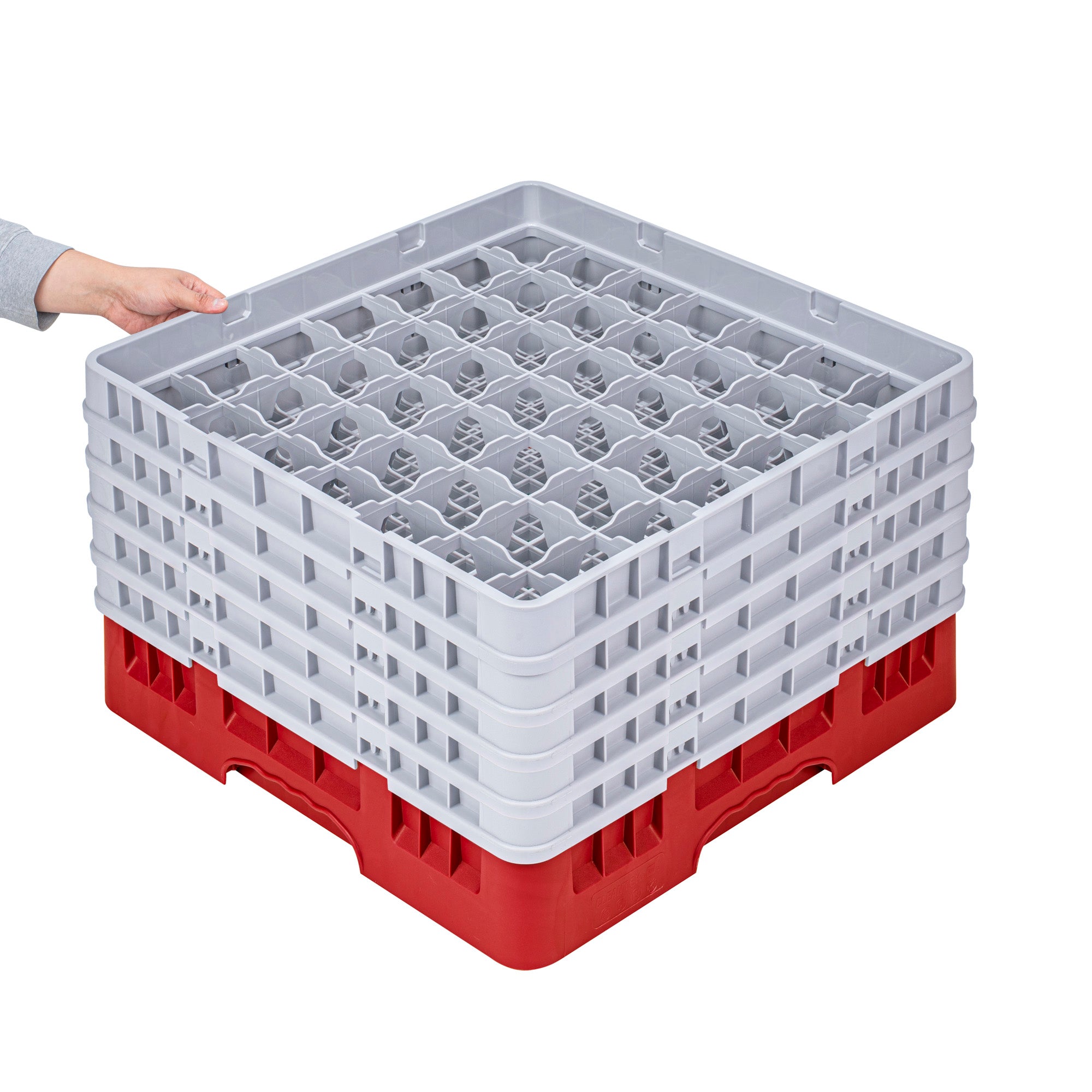 Clean Tek Professional Red Glass Rack - 49 Compartments, 1 Full Drop and 4 Half Drop Extenders - 19 3/4" x 19 3/4" x 12 1/4" - 1 count box