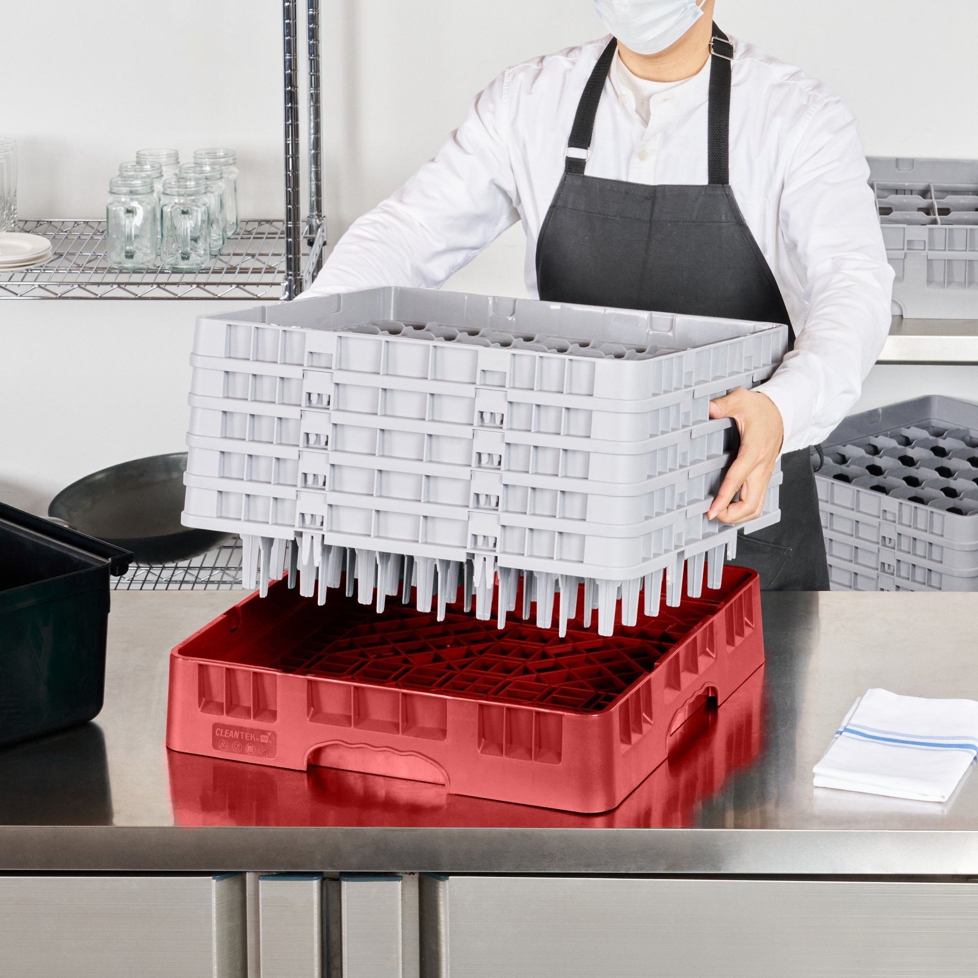Clean Tek Professional Red Glass Rack - 49 Compartments, 1 Full Drop and 4 Half Drop Extenders - 19 3/4" x 19 3/4" x 12 1/4" - 1 count box