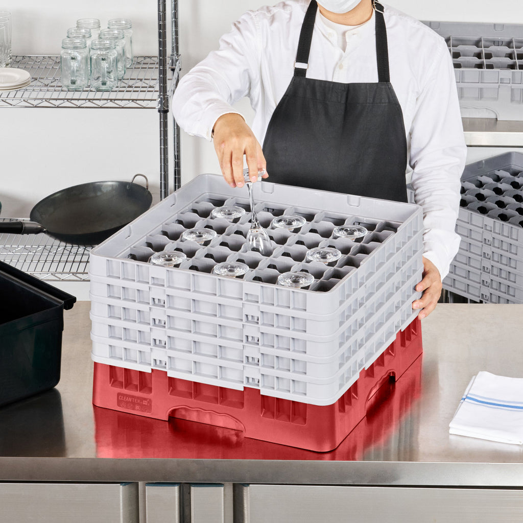 Clean Tek Professional Red Glass Rack - 49 Compartments, 1 Full Drop and 4 Half Drop Extenders - 19 3/4" x 19 3/4" x 12 1/4" - 1 count box