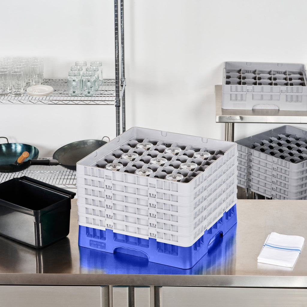 Clean Tek Professional Blue Glass Rack - 49 Compartments, 1 Full Drop and 5 Half Drop Extenders - 19 3/4" x 19 3/4" x 13 3/4" - 1 count box