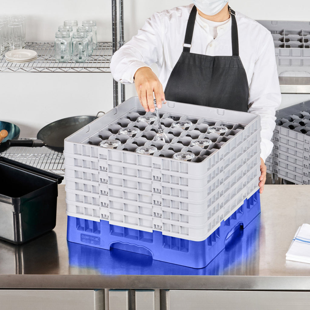 Clean Tek Professional Blue Glass Rack - 49 Compartments, 1 Full Drop and 5 Half Drop Extenders - 19 3/4" x 19 3/4" x 13 3/4" - 1 count box