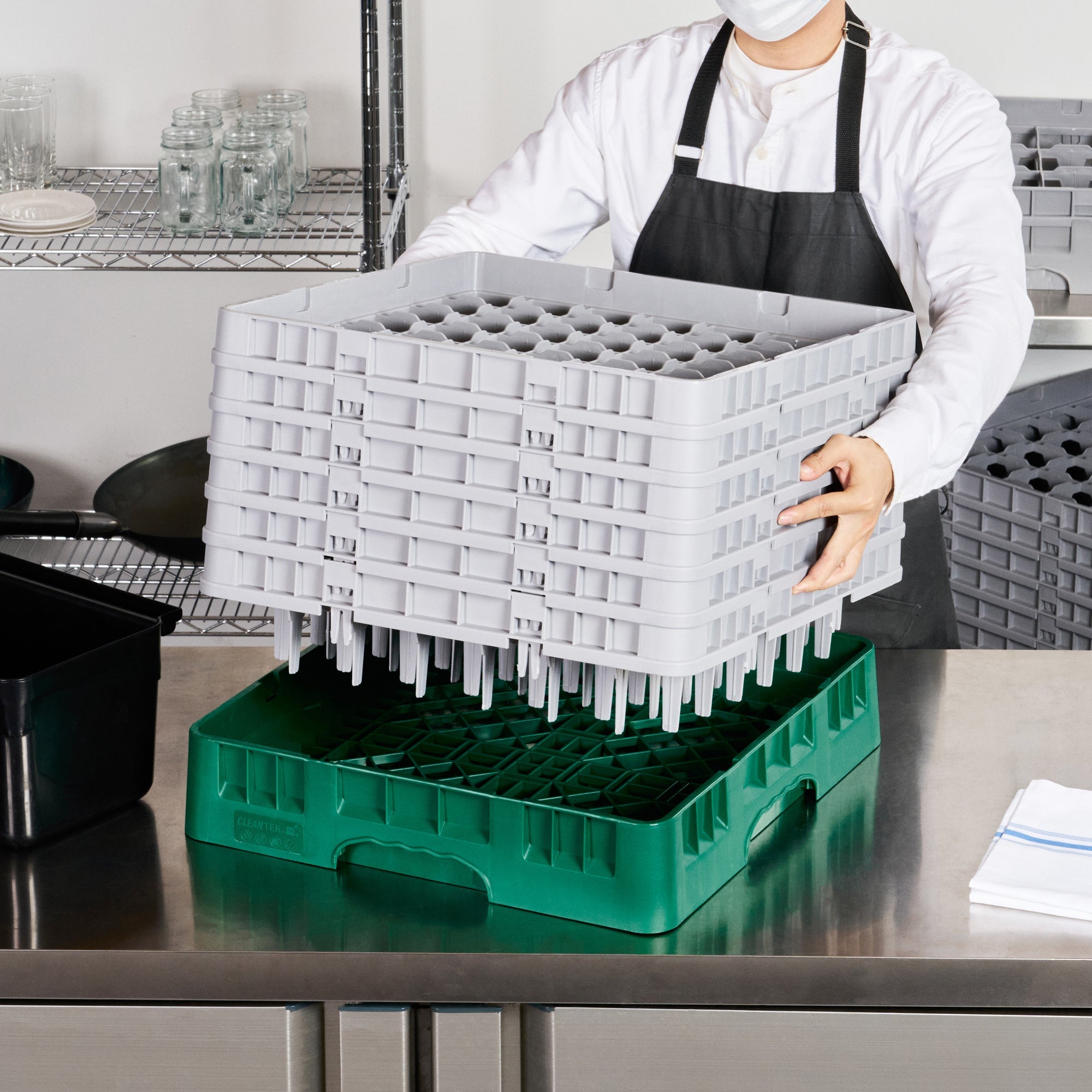 Clean Tek Professional Green Glass Rack - 49 Compartments, 1 Full Drop and 5 Half Drop Extenders - 19 3/4" x 19 3/4" x 13 3/4" - 1 count box