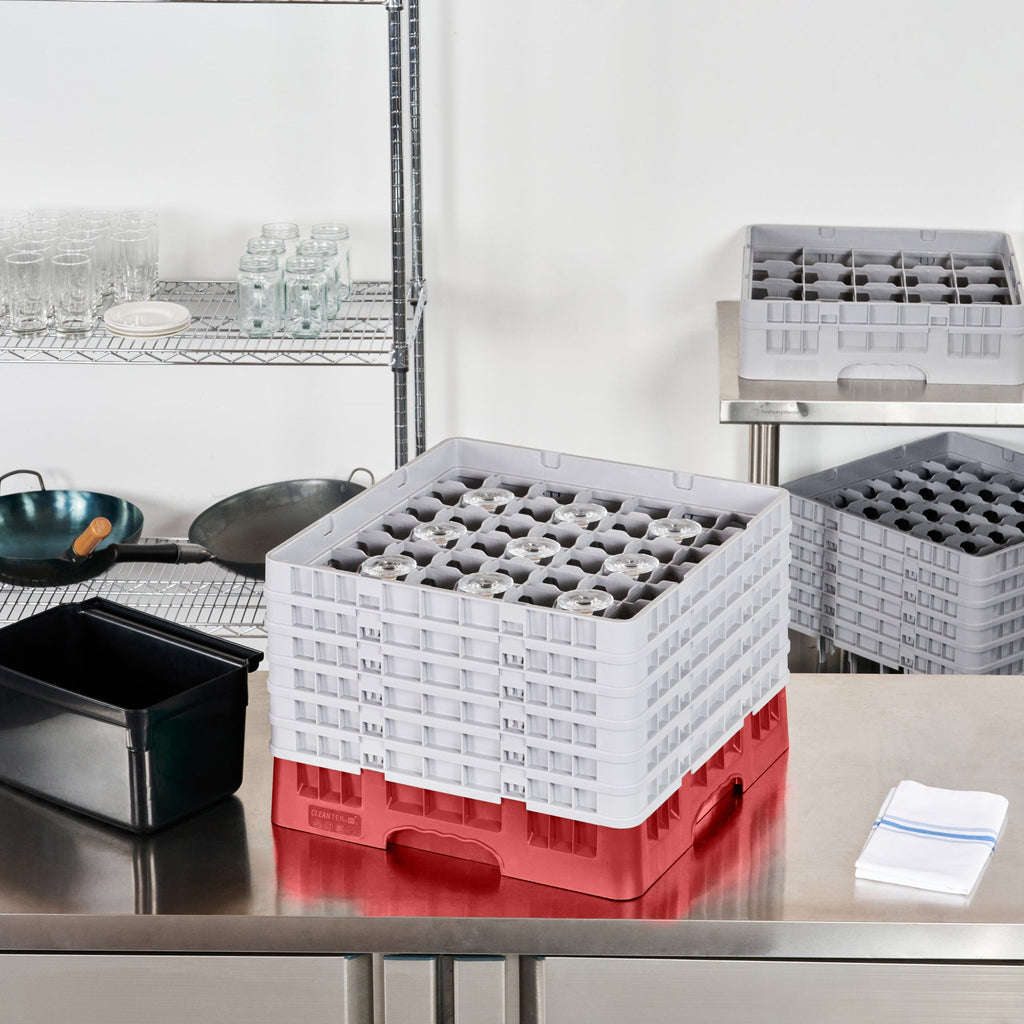 Clean Tek Professional Red Glass Rack - 49 Compartments, 1 Full Drop and 5 Half Drop Extenders - 19 3/4" x 19 3/4" x 13 3/4" - 1 count box