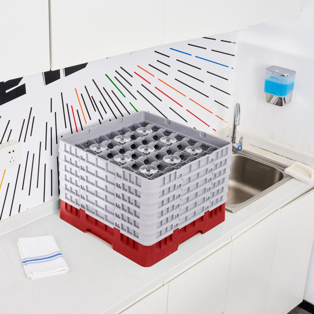 Clean Tek Professional Red Glass Rack - 49 Compartments, 1 Full Drop and 5 Half Drop Extenders - 19 3/4" x 19 3/4" x 13 3/4" - 1 count box