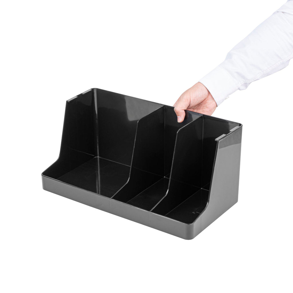 Restpresso Black Plastic Coffee Cup / Lid / Napkin Organizer - 3 Section - 16 1/4" x 8 1/4" x 7" - 1 count box