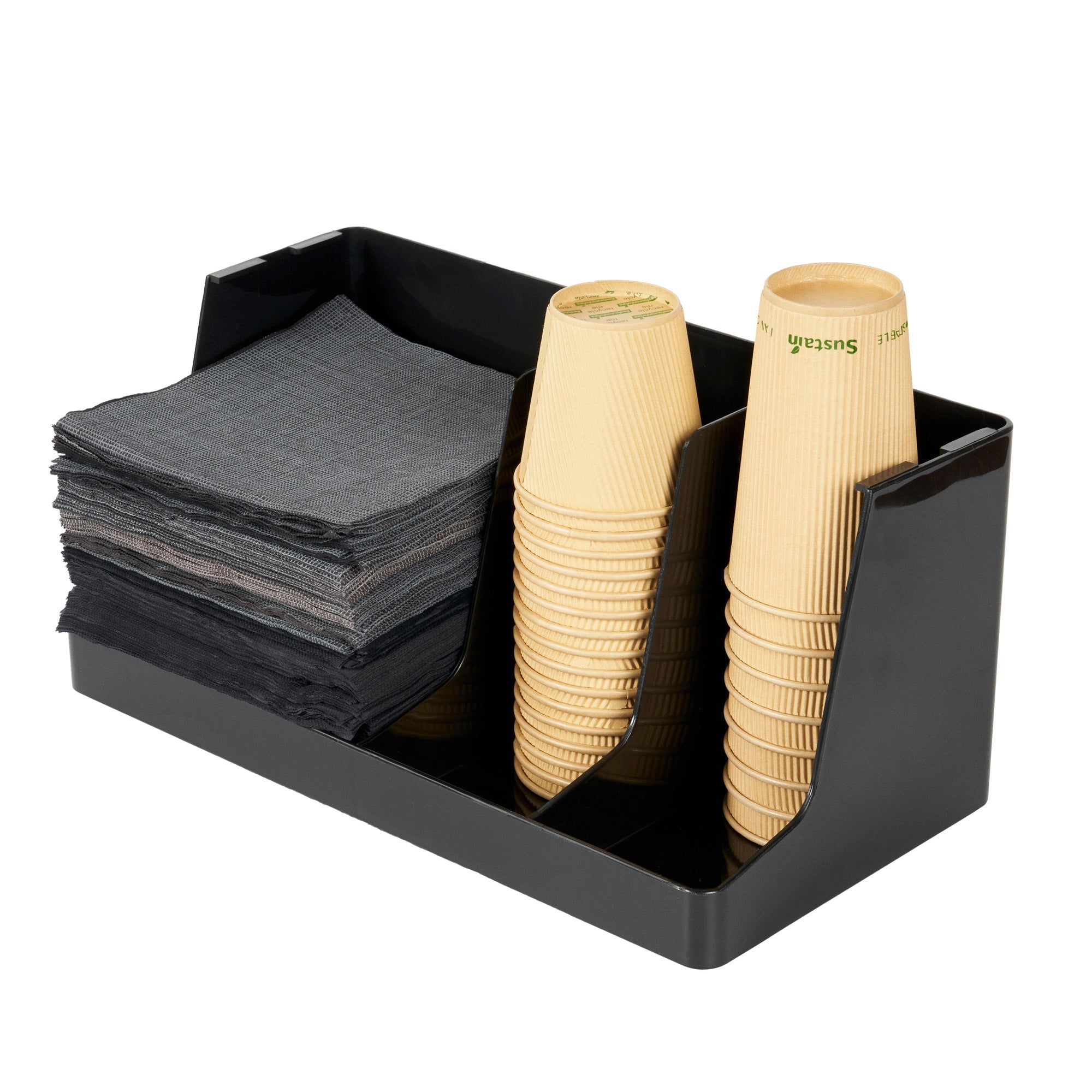 Restpresso Black Plastic Coffee Cup / Lid / Napkin Organizer - 3 Section - 16 1/4" x 8 1/4" x 7" - 1 count box