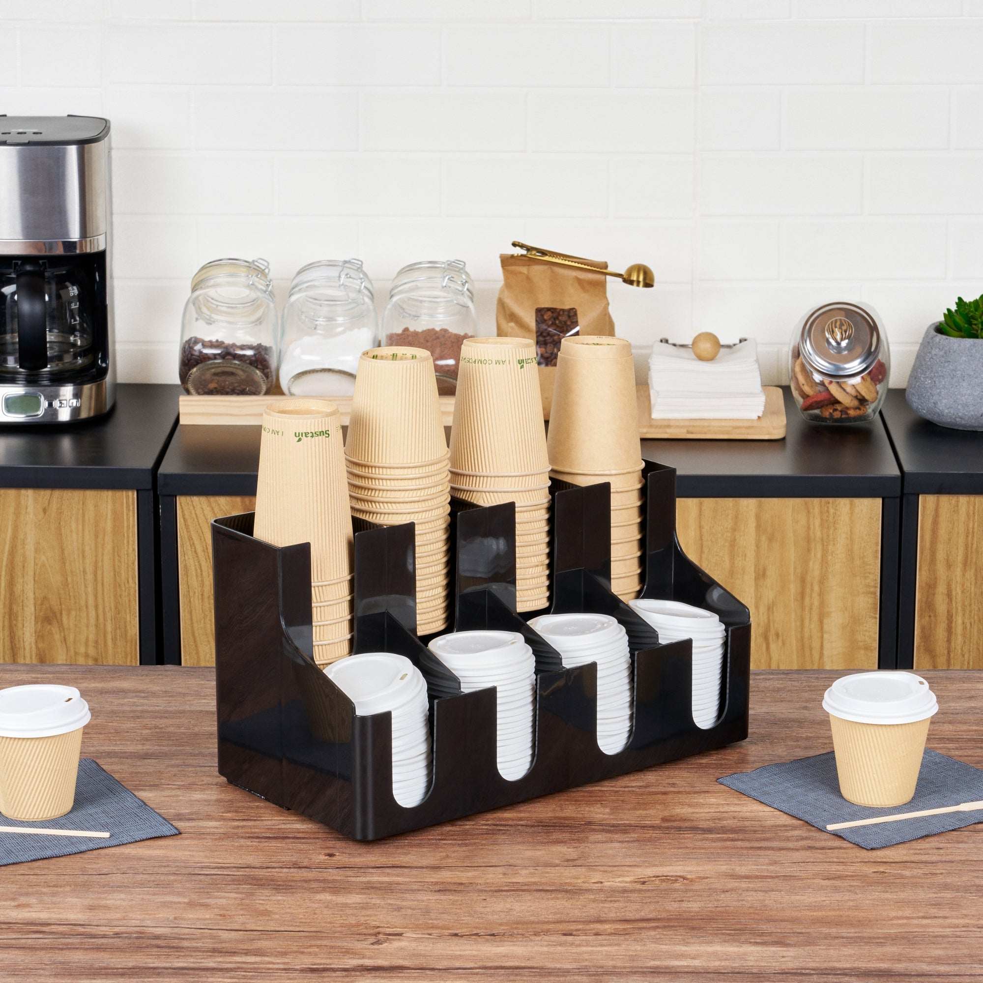Restpresso Black Plastic Coffee Cup / Lid Organizer - 8 Section - 16 1/4" x 8 1/4" x 8 3/4" - 1 count box