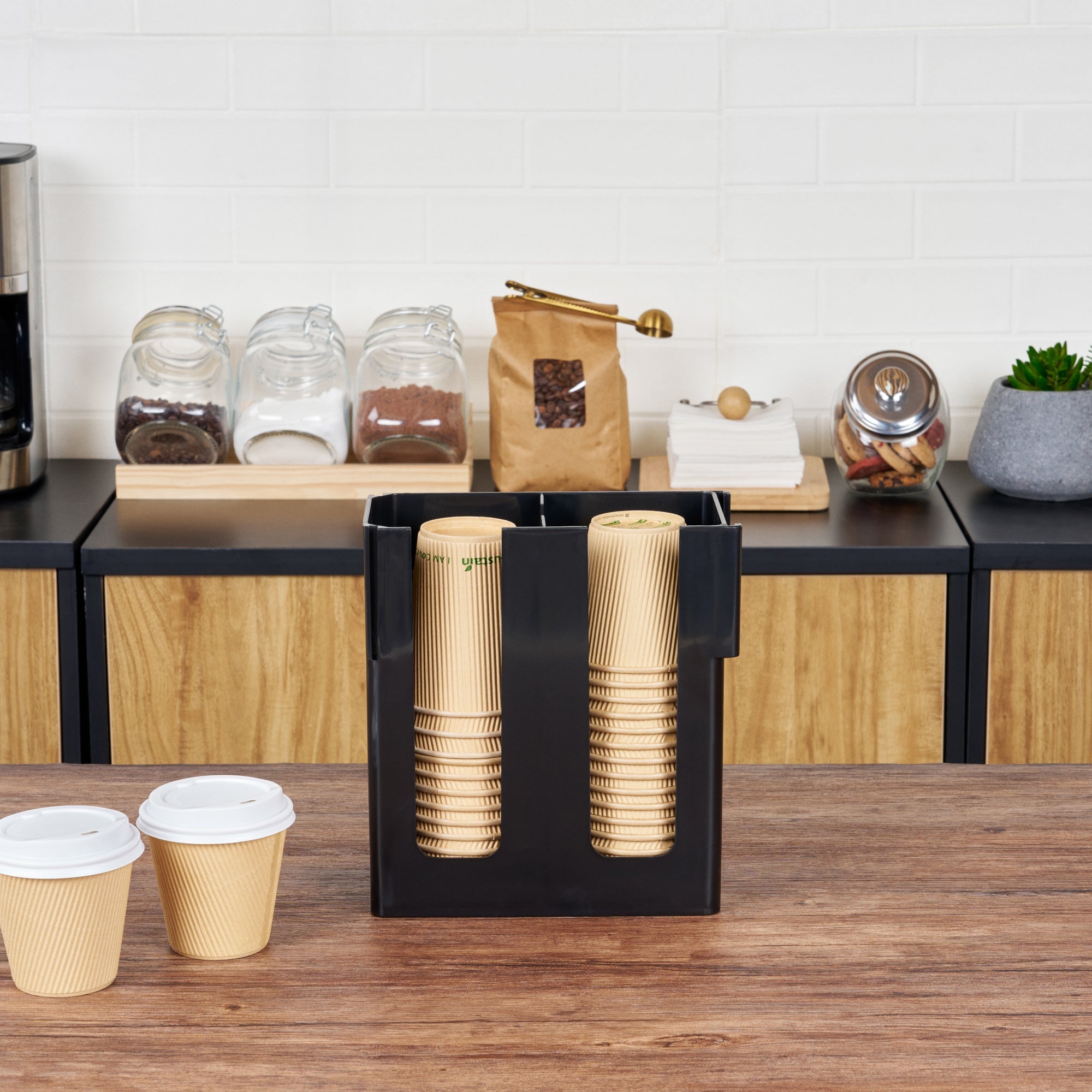 Restpresso Black Plastic Coffee Cup / Lid Organizer - 2 Section - 9" x 4 1/4" x 9 1/2" - 1 count box