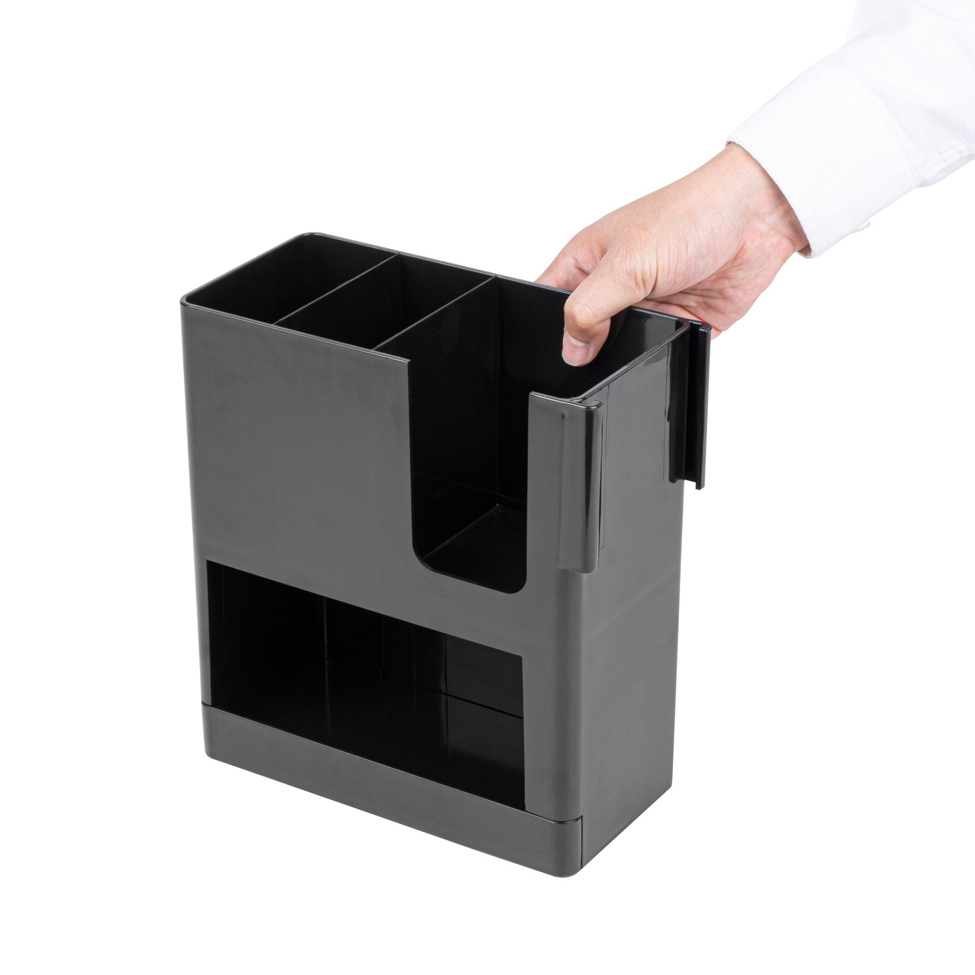 Restpresso Black Plastic Coffee Cup / Lid / Straw Organizer - 4 Section - 9" x 4 1/4" x 9 1/2" - 1 count box