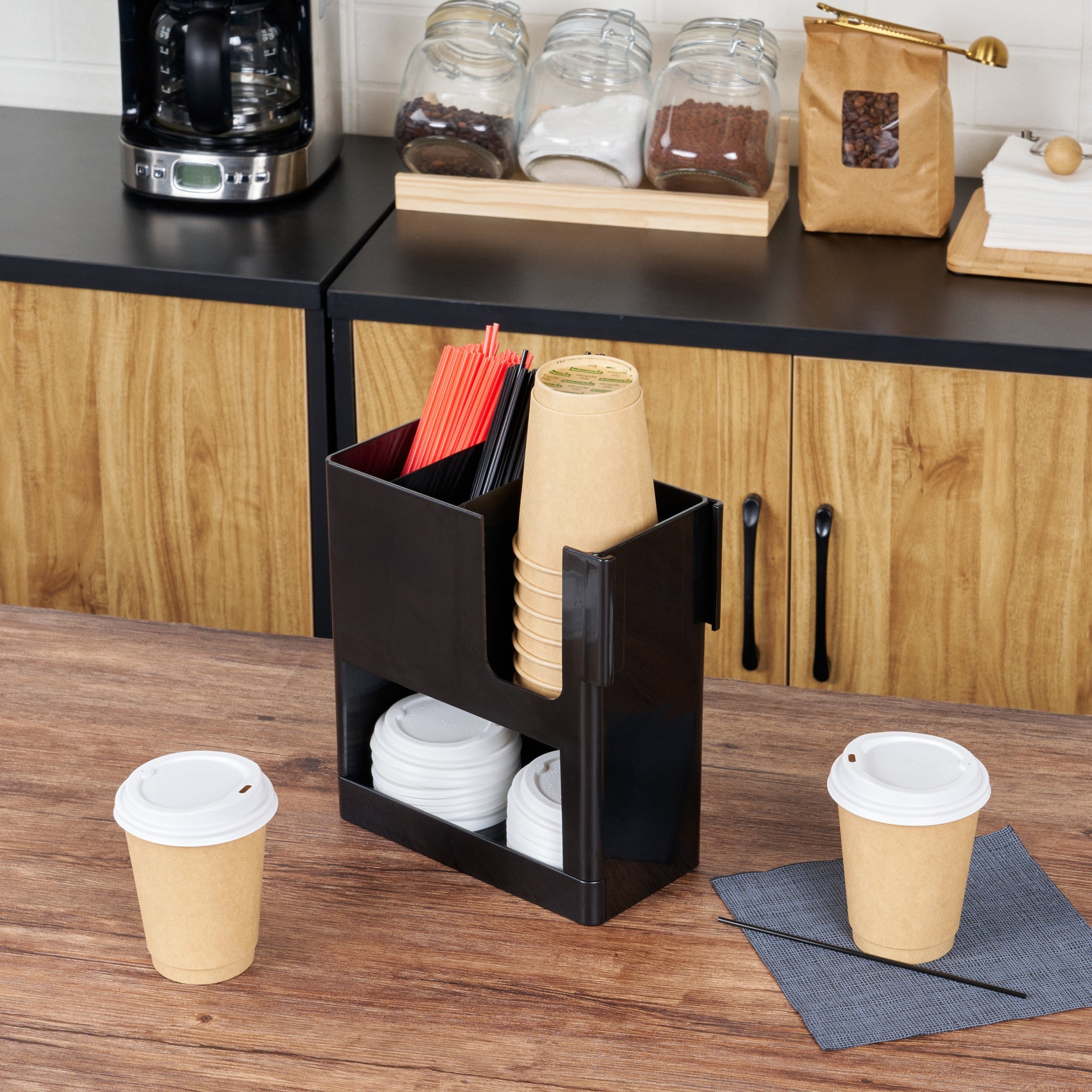 Restpresso Black Plastic Coffee Cup / Lid / Straw Organizer - 4 Section - 9" x 4 1/4" x 9 1/2" - 1 count box