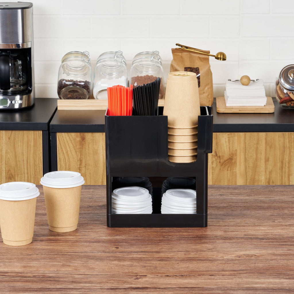 Restpresso Black Plastic Coffee Cup / Lid / Straw Organizer - 4 Section - 9" x 4 1/4" x 9 1/2" - 1 count box