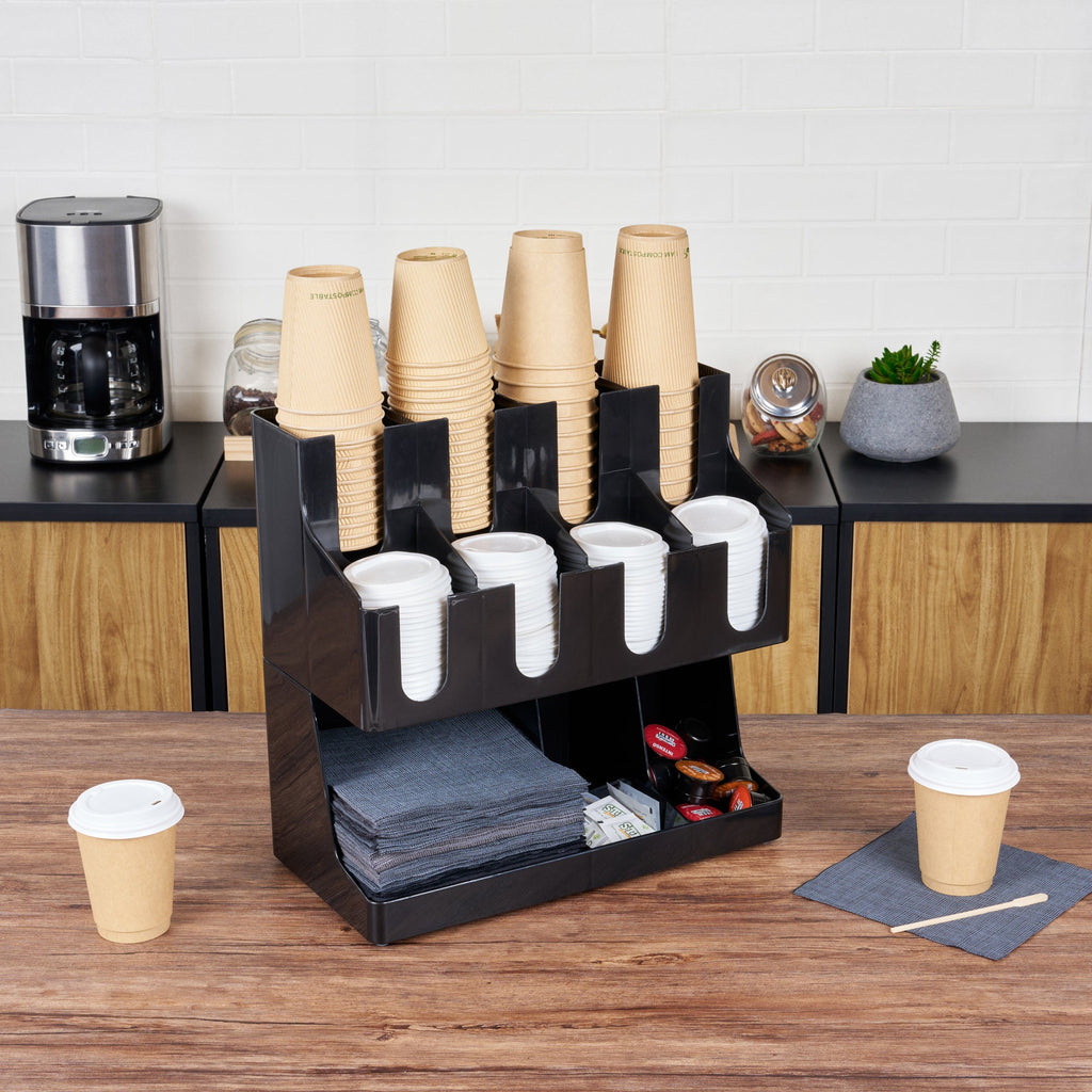 Restpresso Black Plastic Coffee Cup / Lid / Napkin Organizer - 11 Section - 16 1/4" x 8 1/4" x 15 3/4" - 1 count box