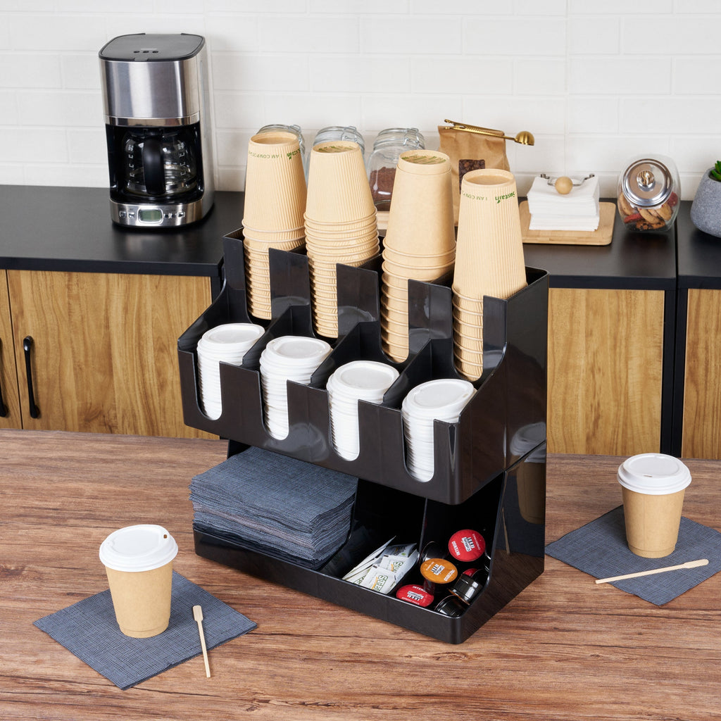 Restpresso Black Plastic Coffee Cup / Lid / Napkin Organizer - 11 Section - 16 1/4" x 8 1/4" x 15 3/4" - 1 count box