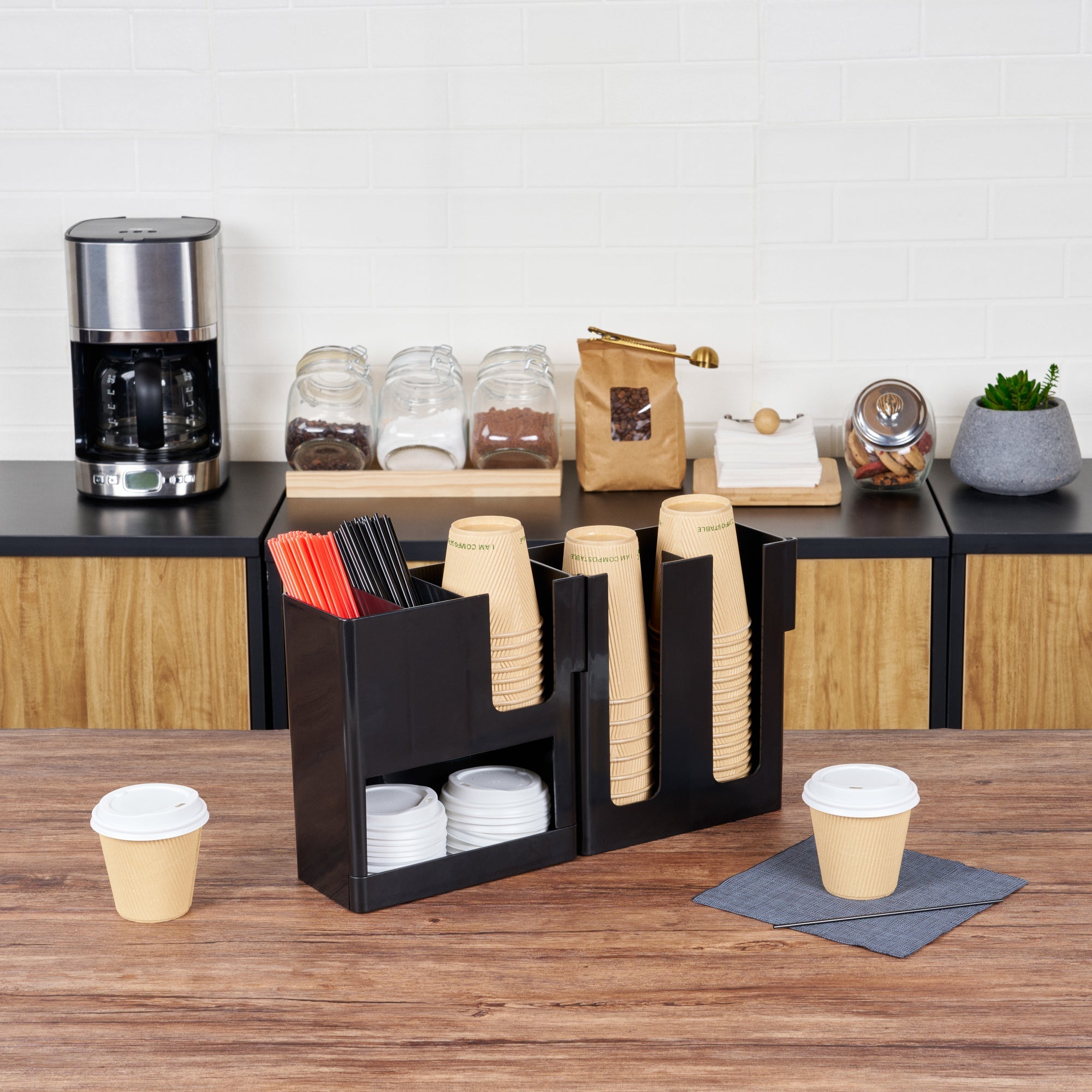 Restpresso Black Plastic Coffee Cup / Lid / Napkin Organizer - 6 Section - 17 1/4" x 4 1/4" x 9 3/4" - 1 count box