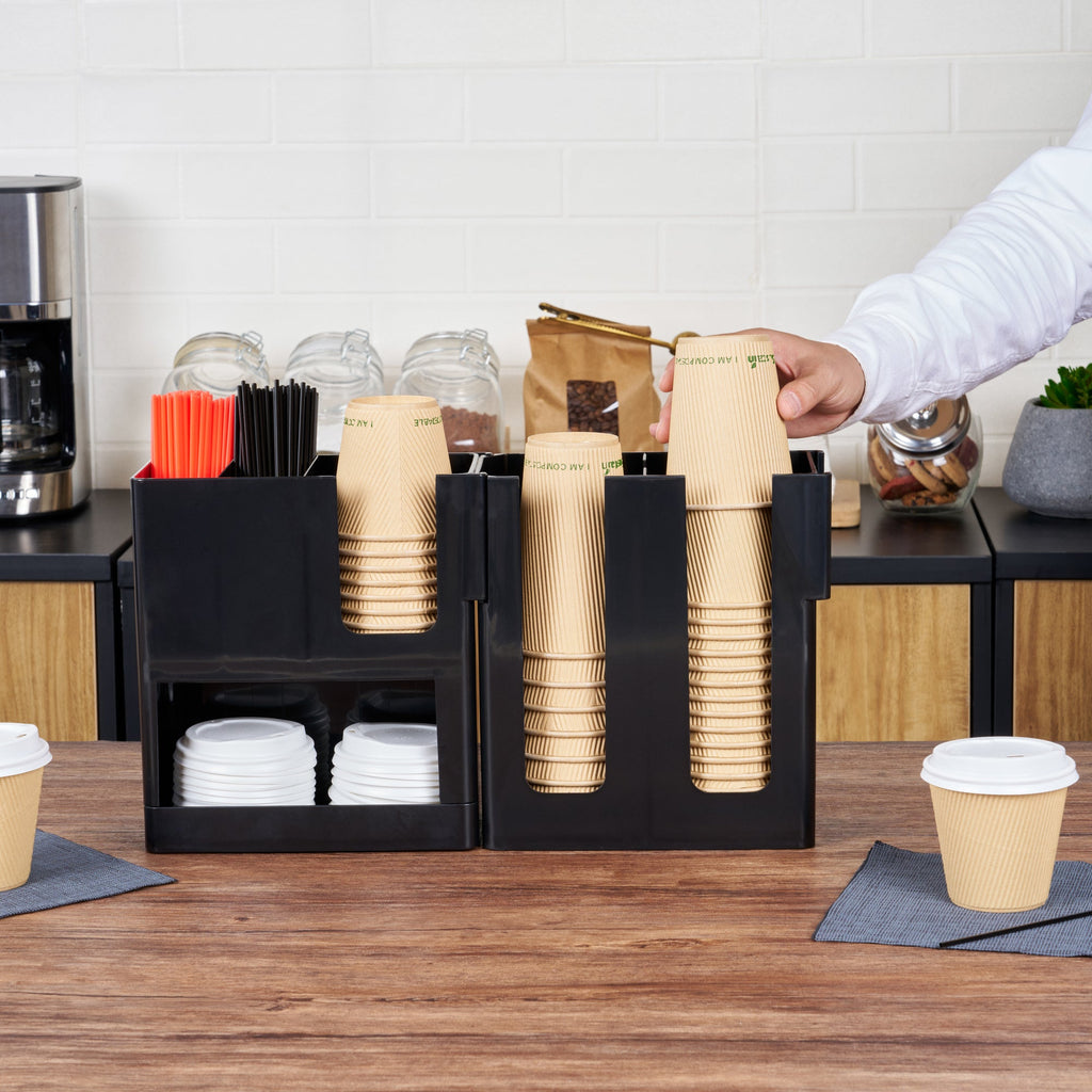 Restpresso Black Plastic Coffee Cup / Lid / Napkin Organizer - 6 Section - 17 1/4" x 4 1/4" x 9 3/4" - 1 count box
