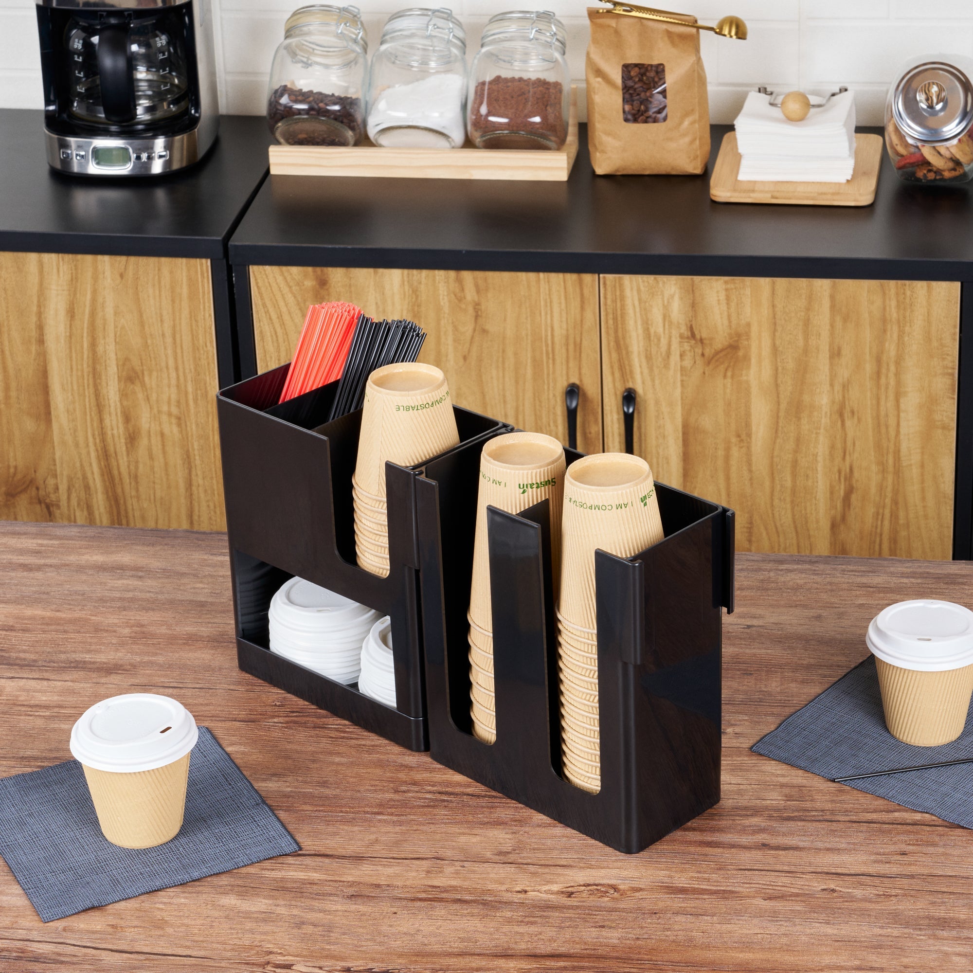 Restpresso Black Plastic Coffee Cup / Lid / Napkin Organizer - 6 Section - 17 1/4" x 4 1/4" x 9 3/4" - 1 count box
