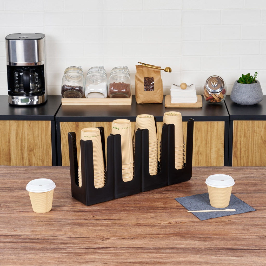 Restpresso Black Plastic Coffee Cup / Lid Organizer - 4 Section, Adjustable - 17 1/2" x 4 1/4" x 8 1/4" - 1 count box