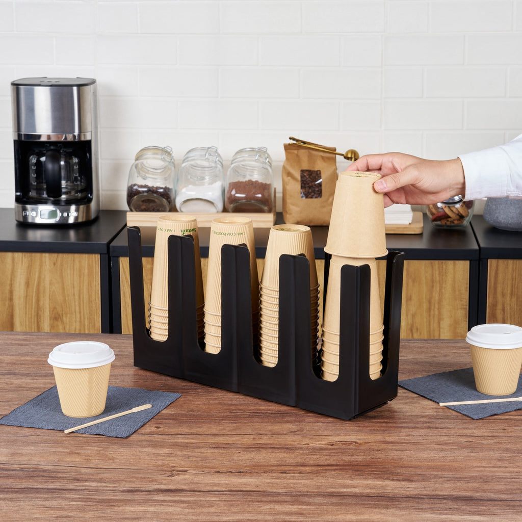 Restpresso Black Plastic Coffee Cup / Lid Organizer - 4 Section, Adjustable - 17 1/2" x 4 1/4" x 8 1/4" - 1 count box