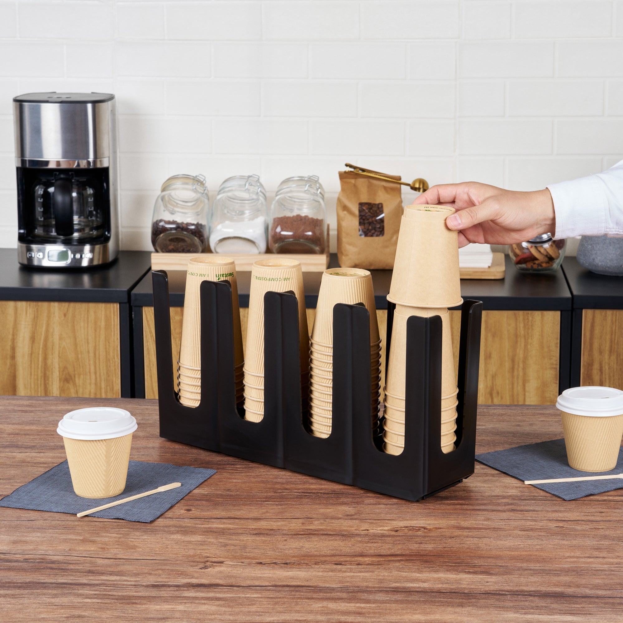 Restpresso Black Plastic Coffee Cup / Lid Organizer - 4 Section, Adjustable - 17 1/2" x 4 1/4" x 8 1/4" - 1 count box