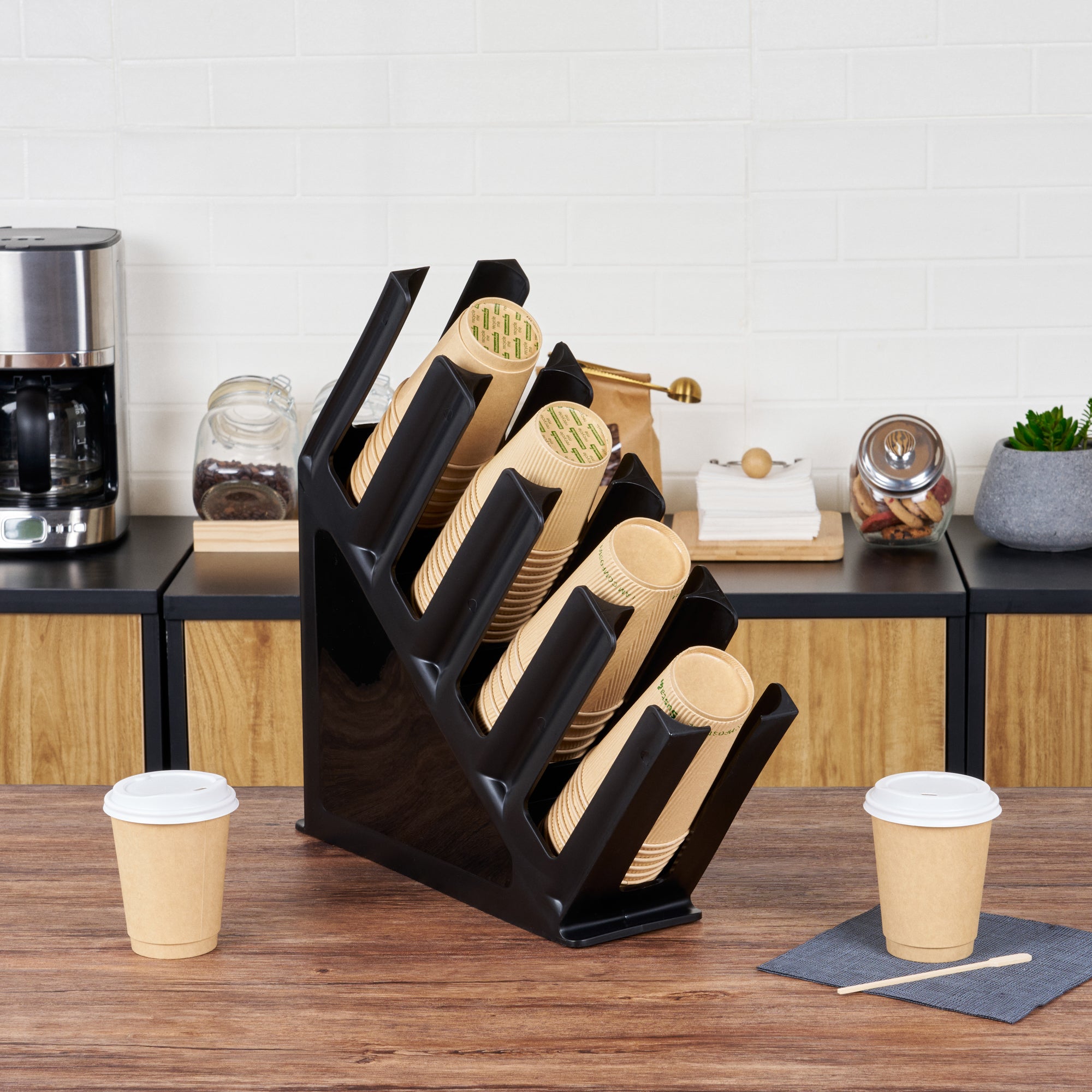 Restpresso Black Plastic Coffee Cup / Lid Organizer - 4 Section - 18 1/2" x 4 1/2" x 18" - 1 count box
