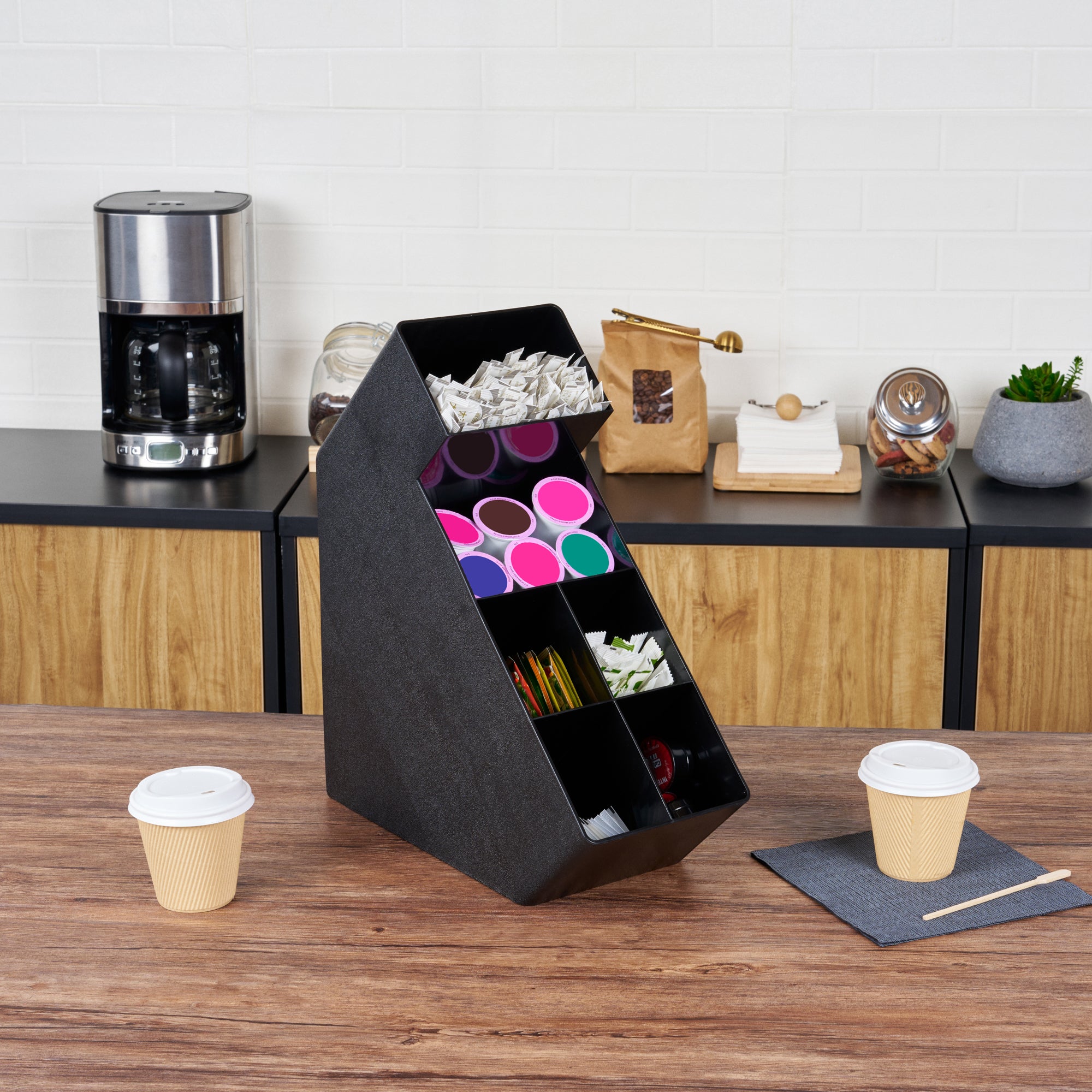 Restpresso Black Plastic Condiment Organizer - 6 Compartments - 6 1/4" x 14 1/2" x 16 1/2" - 1 count box