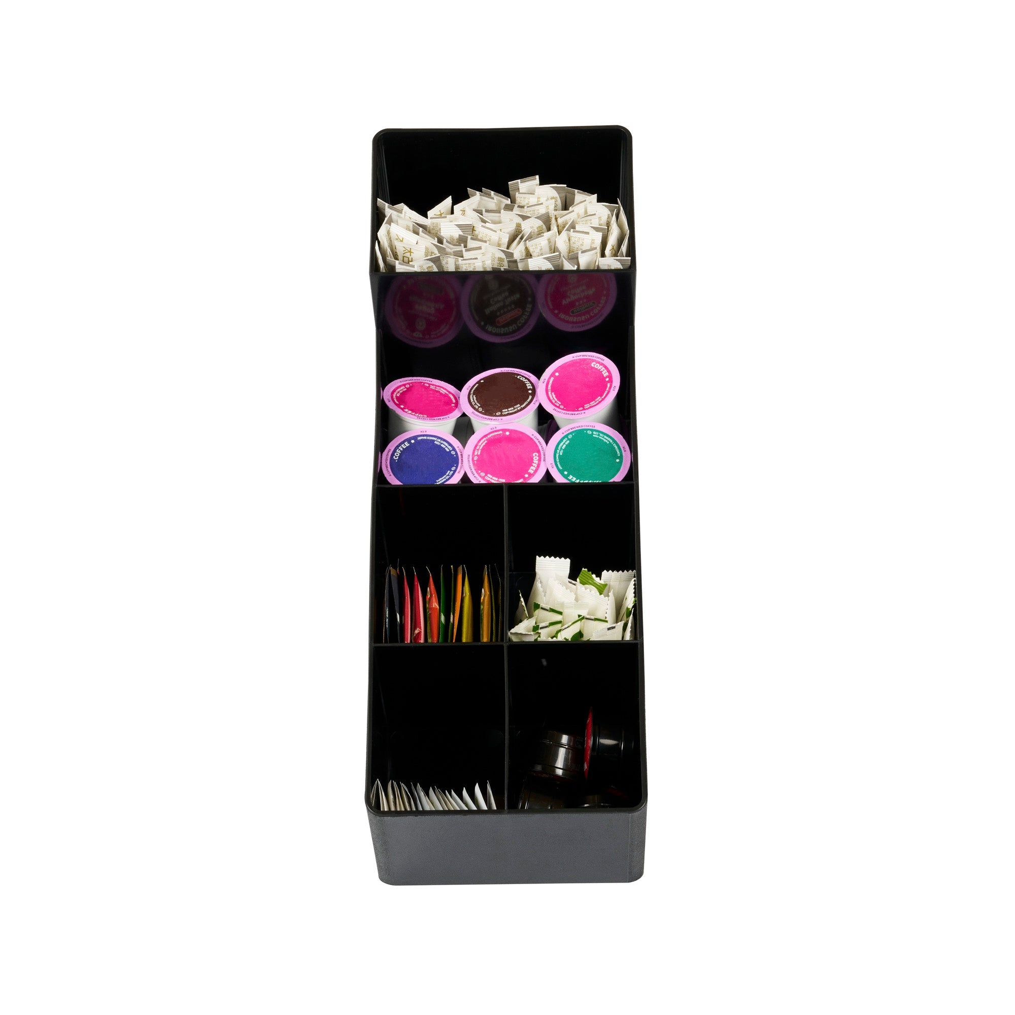 Restpresso Black Plastic Condiment Organizer - 6 Compartments - 6 1/4" x 14 1/2" x 16 1/2" - 1 count box