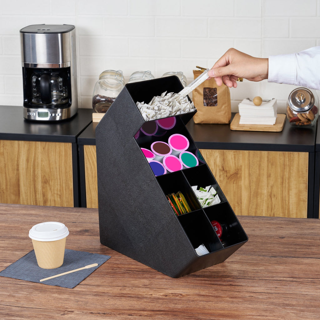 Restpresso Black Plastic Condiment Organizer - 6 Compartments - 6 1/4" x 14 1/2" x 16 1/2" - 1 count box