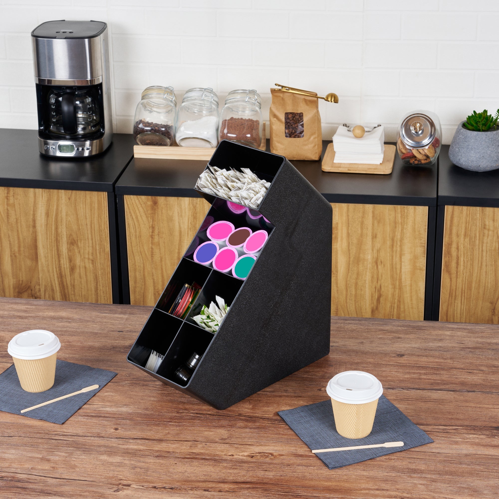Restpresso Black Plastic Condiment Organizer - 6 Compartments - 6 1/4" x 14 1/2" x 16 1/2" - 1 count box