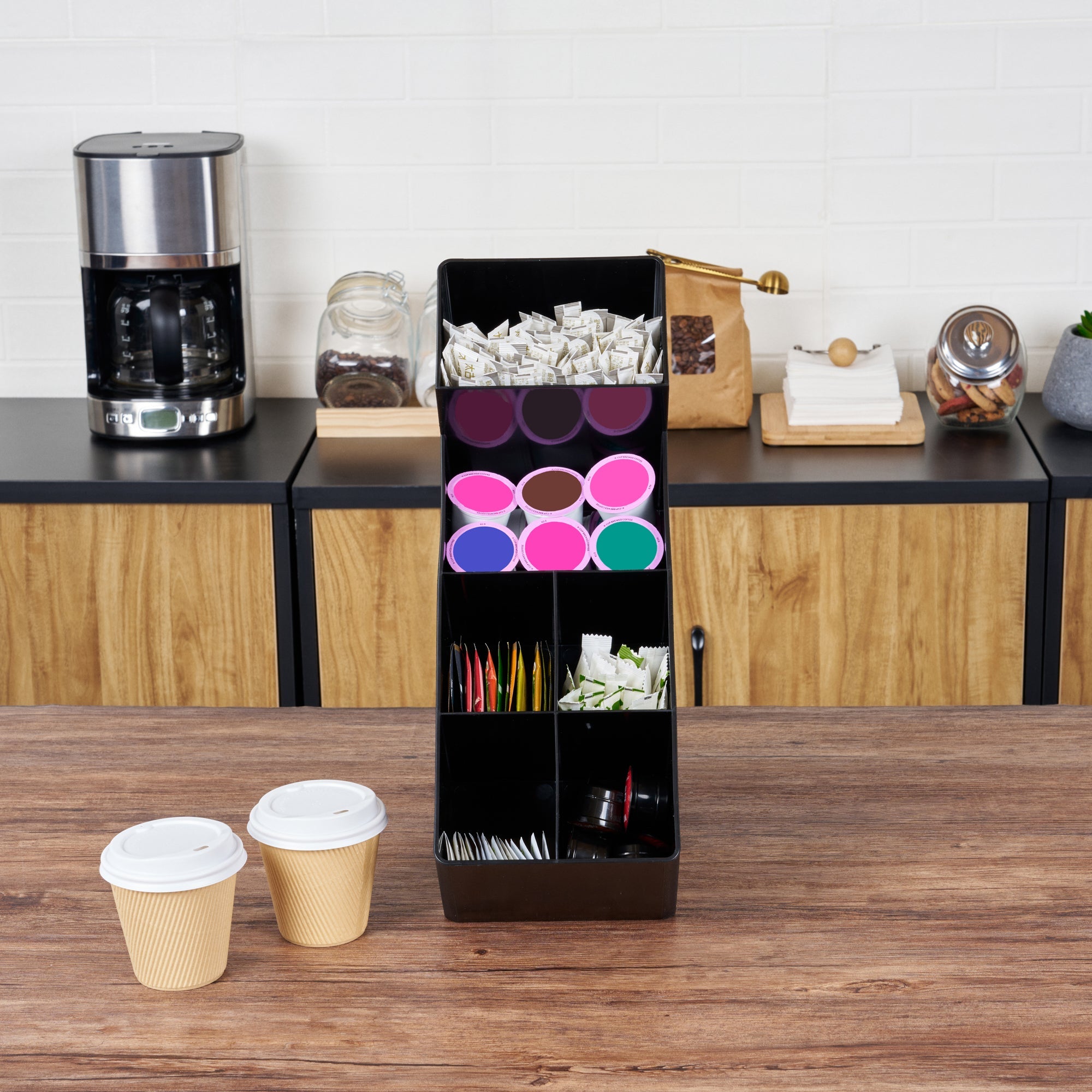 Restpresso Black Plastic Condiment Organizer - 6 Compartments - 6 1/4" x 14 1/2" x 16 1/2" - 1 count box