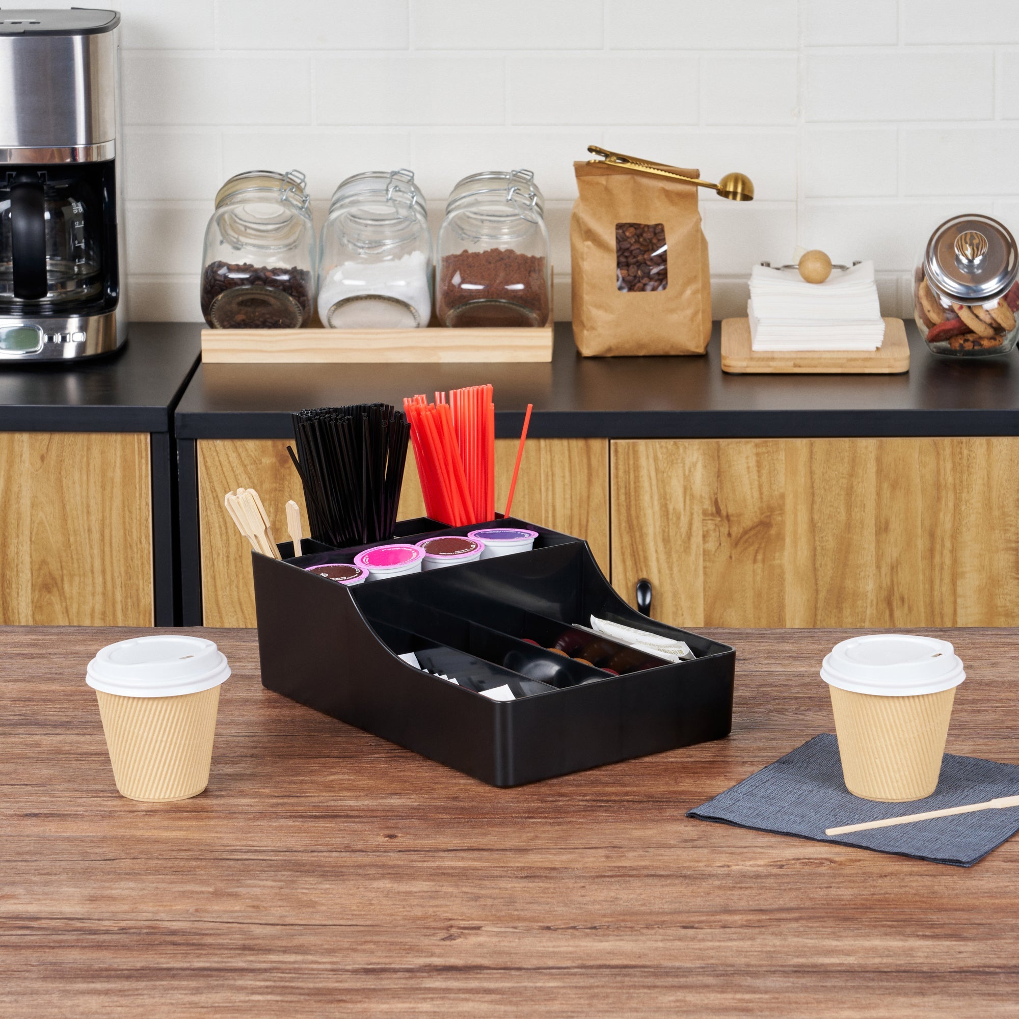 Restpresso Black Plastic Condiment Organizer - 9 Compartments - 7 3/4" x 11 3/4" x 4" - 1 count box