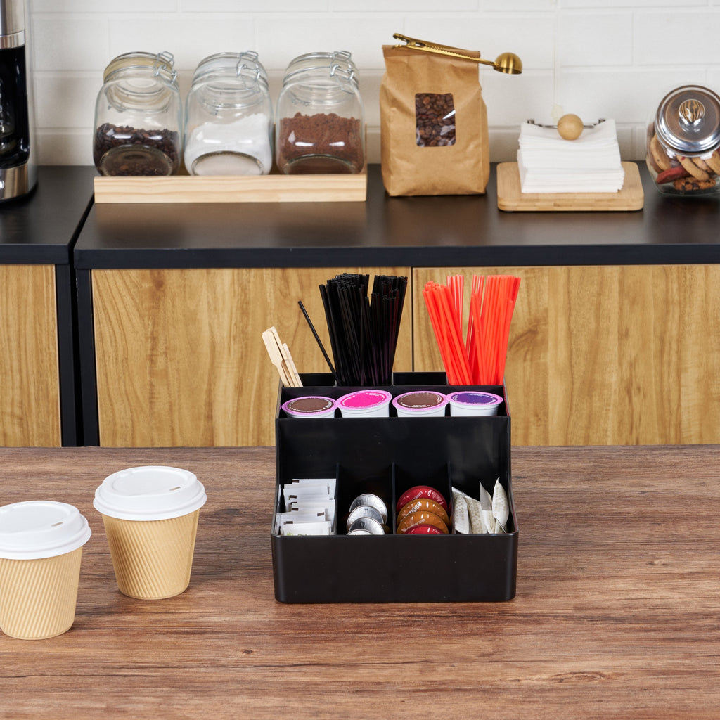 Restpresso Black Plastic Condiment Organizer - 9 Compartments - 7 3/4" x 11 3/4" x 4" - 1 count box