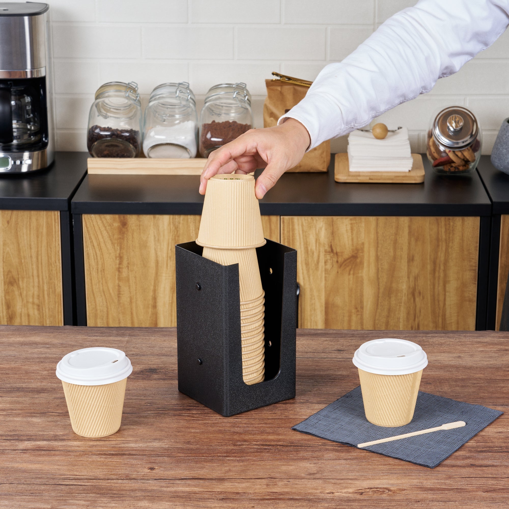 Restpresso Black Plastic Coffee Cup / Lid / Cocktail Napkin Organizer - 4 1/2" x 4 1/2" x 7 3/4" - 1 count box