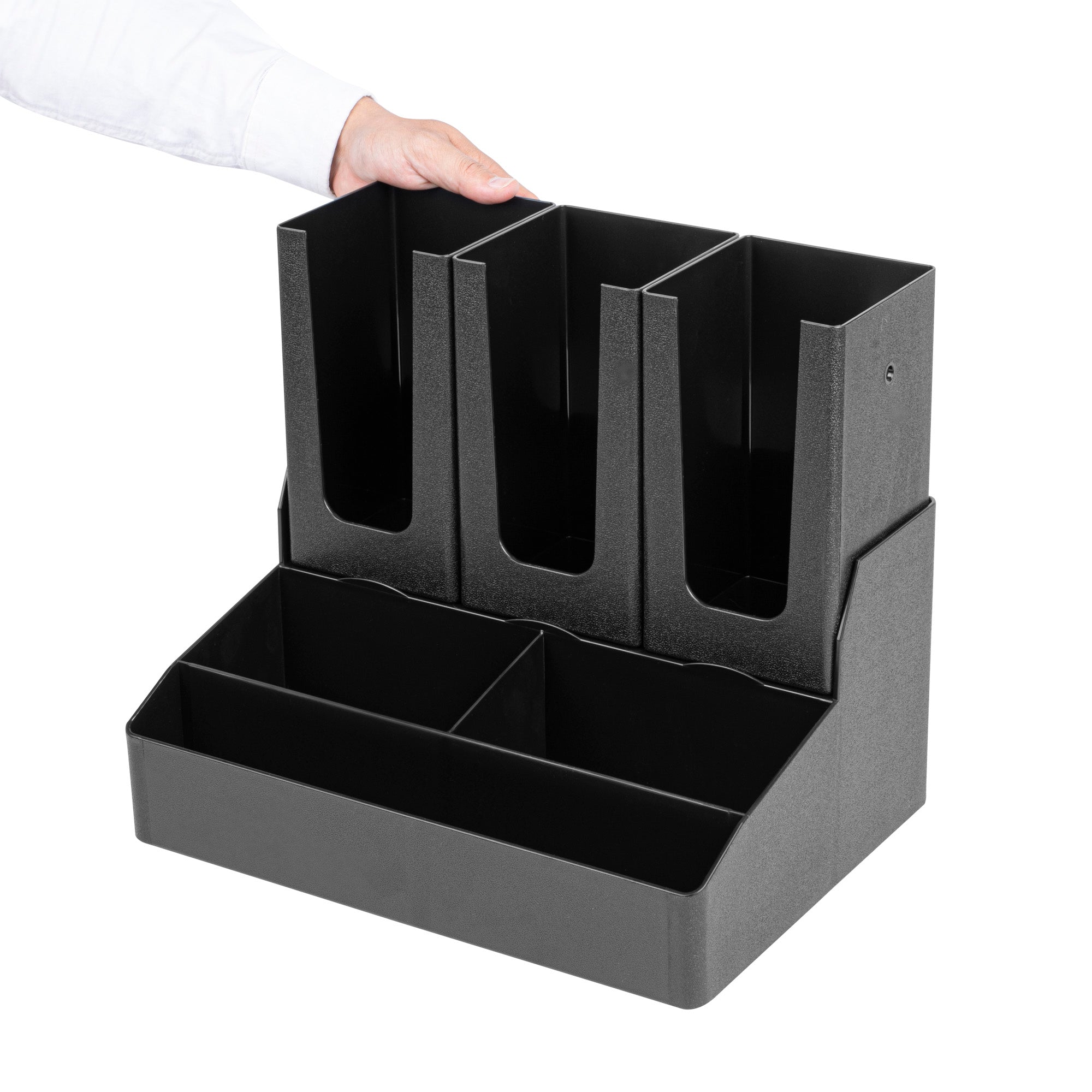 Restpresso Black Plastic Coffee Cup / Lid / Condiment Organizer - 6 Compartments - 14" x 10 1/2" x 12 1/4" - 1 count box