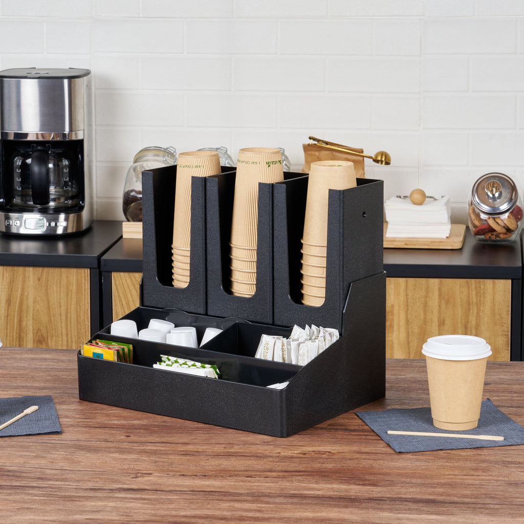 Restpresso Black Plastic Coffee Cup / Lid / Condiment Organizer - 6 Compartments - 14" x 10 1/2" x 12 1/4" - 1 count box