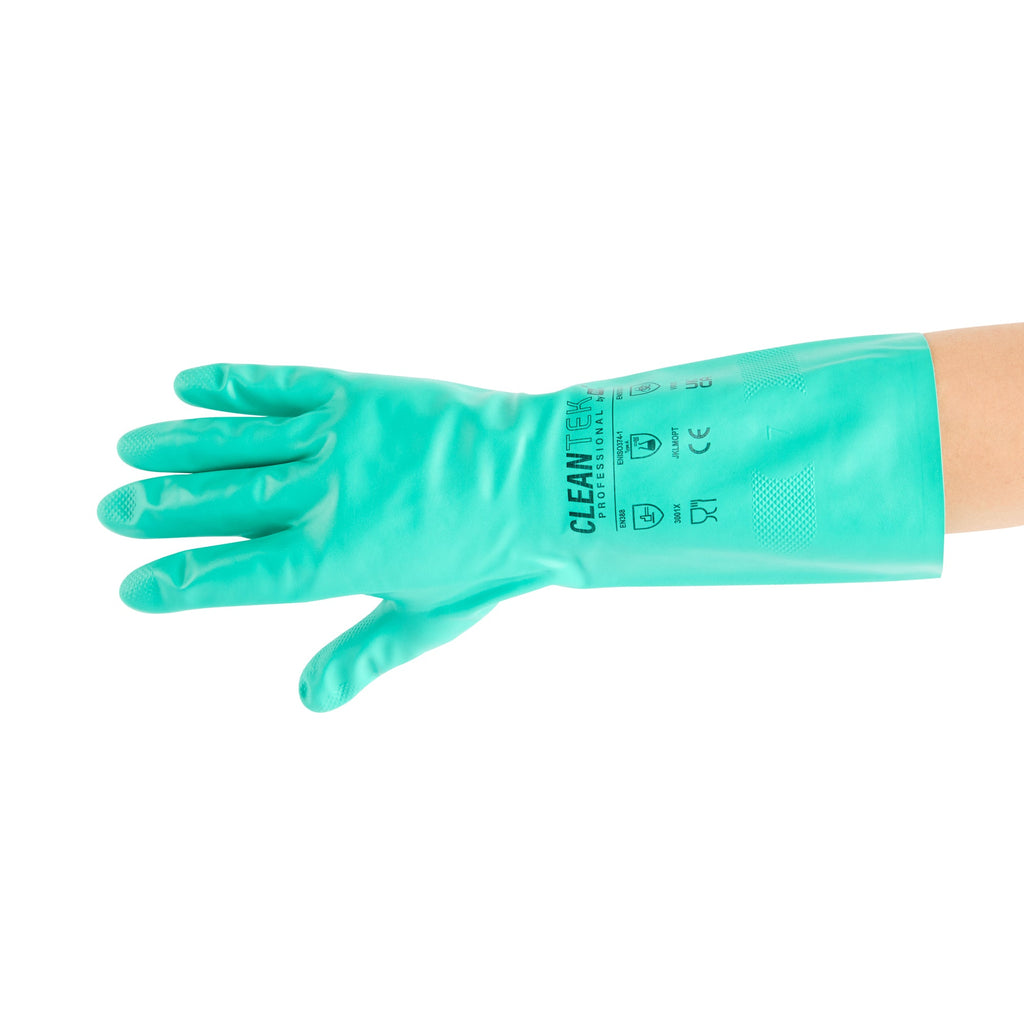 Clean Tek Professional Green Small Nitrile Gloves - 15 mil, Flock Lining, Chemical-Resistant - 13" x 4 1/4" - Pair - 1 count box