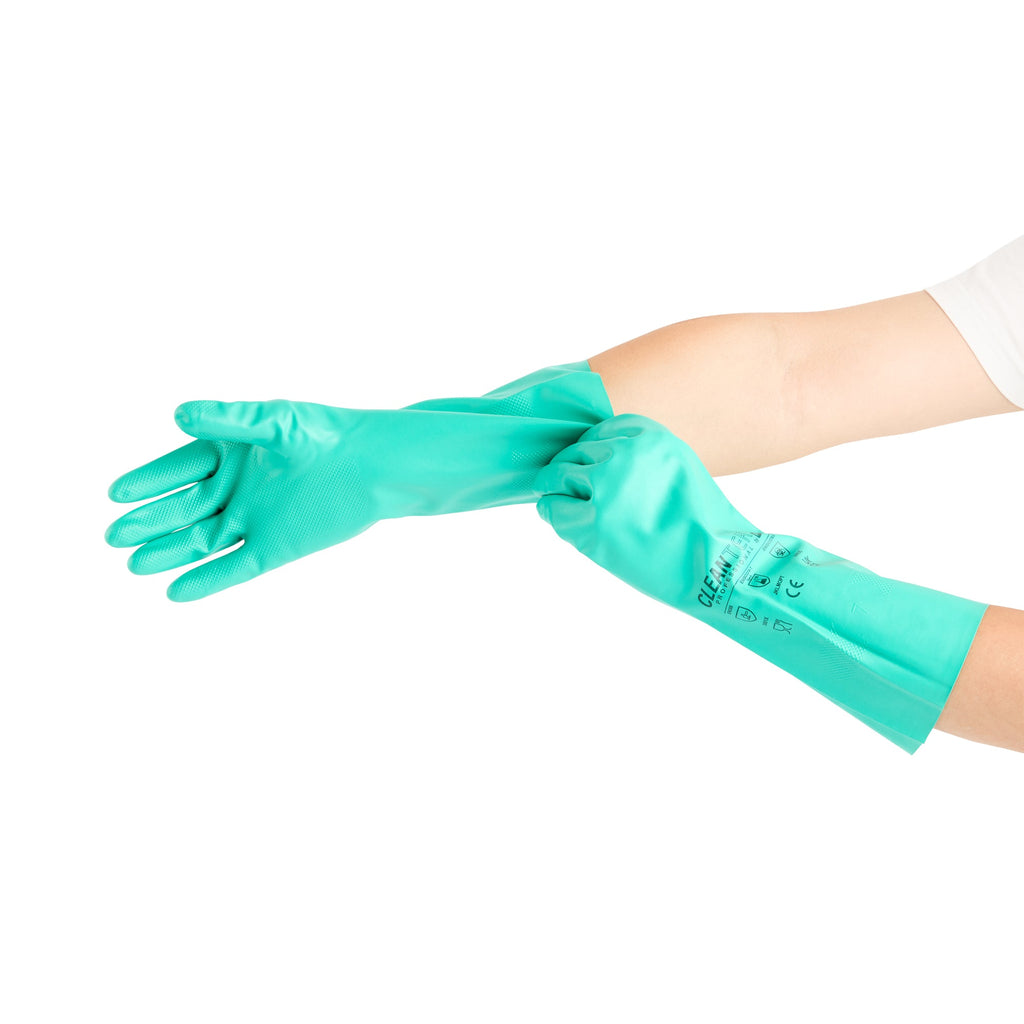 Clean Tek Professional Green Small Nitrile Gloves - 15 mil, Flock Lining, Chemical-Resistant - 13" x 4 1/4" - Pair - 1 count box